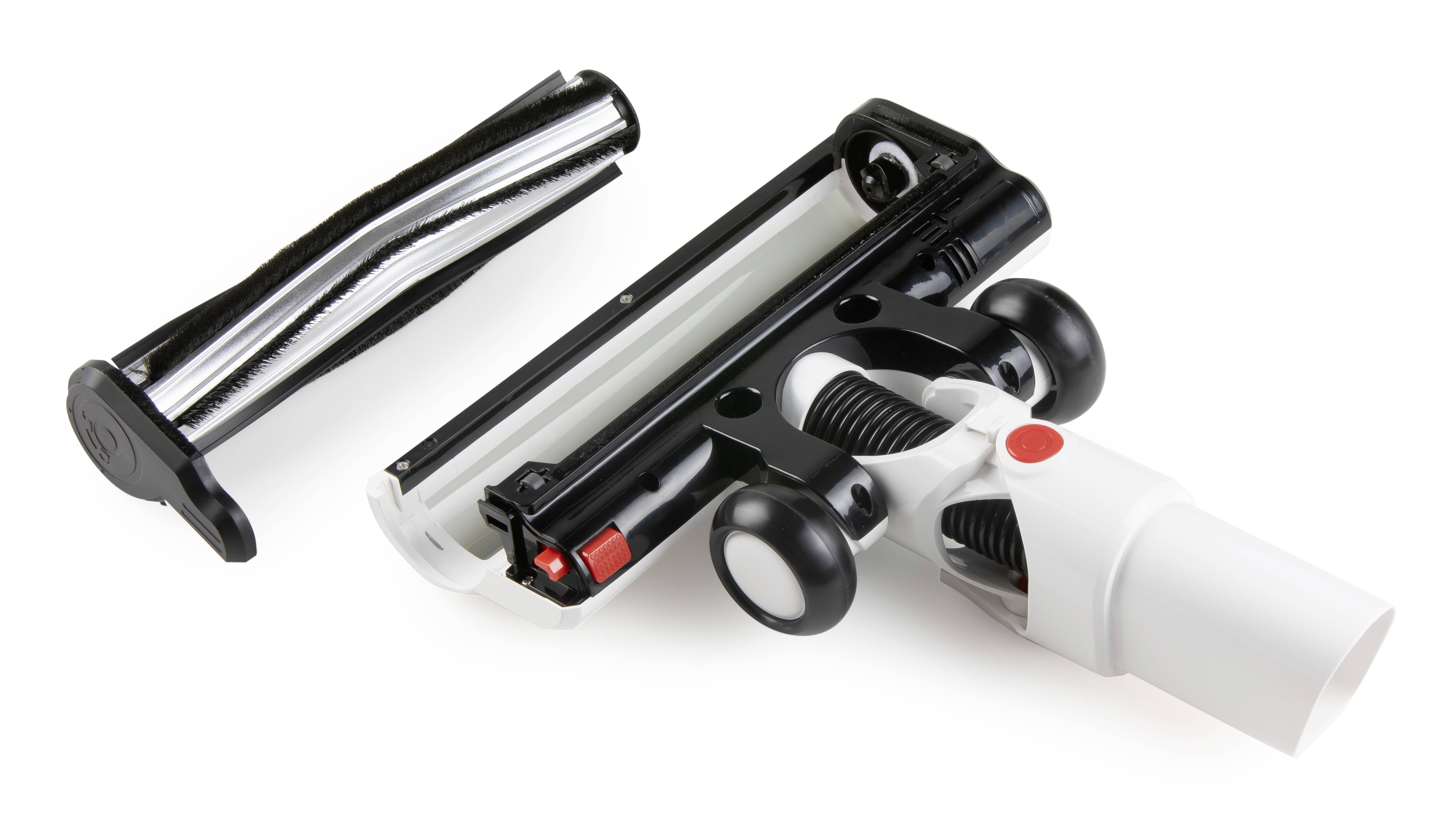 Detachable vacuum cleaner attachment with brush roller, shown separately. The roller is black and white striped, the attachment white and black.
