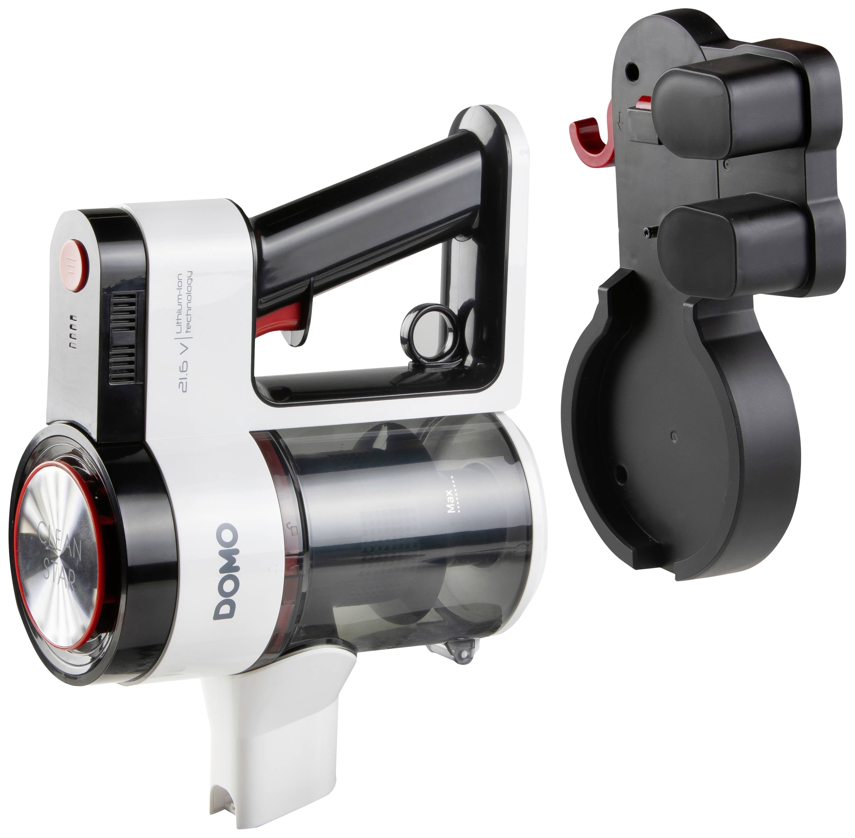 A cordless handheld vacuum cleaner with a transparent dust container and ergonomic handle, alongside a wall mounting bracket.