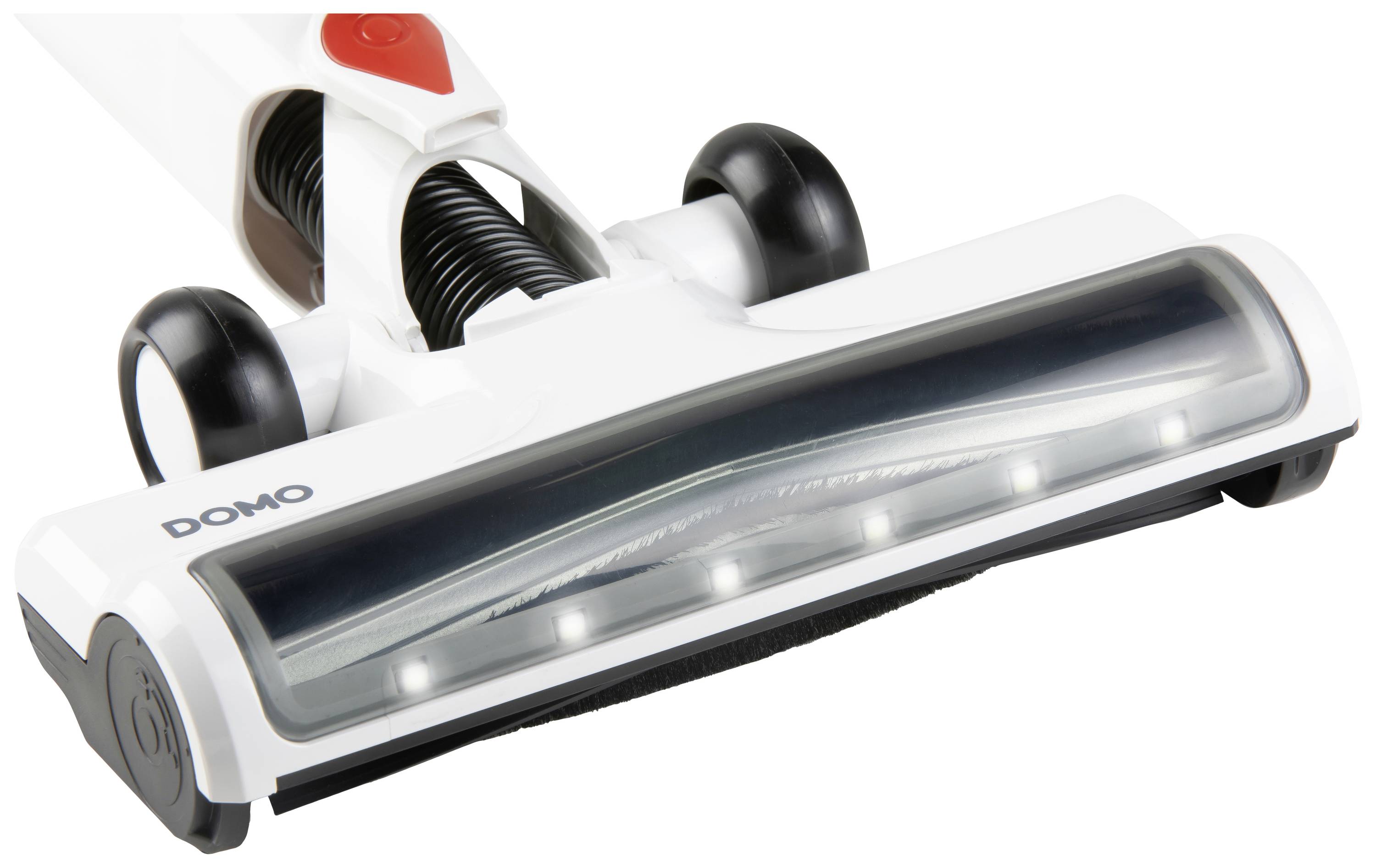 A white vacuum cleaner head with LED lights and the 'DOMO' brand logo on the side, showcasing modern cleaning technology.
