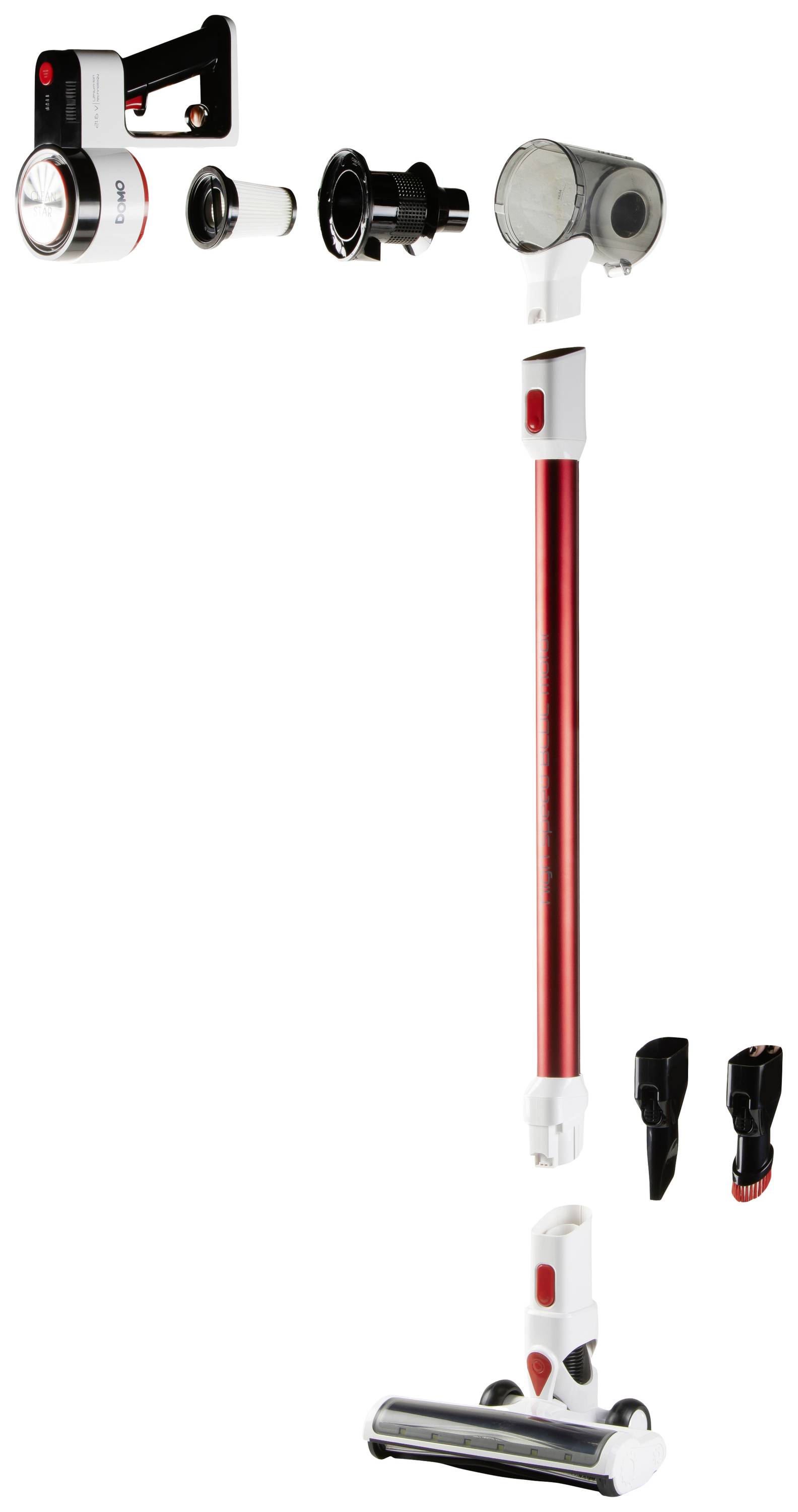 Cordless stick vacuum cleaner with a red handle, removable dust container, and various nozzle attachments, all designed for easy cleaning.