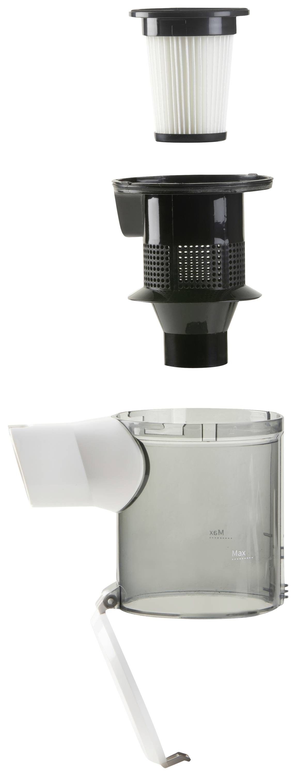 Exploded view of a vacuum cleaner container with HEPA filter, cyclone chamber and transparent waste container, arranged vertically.