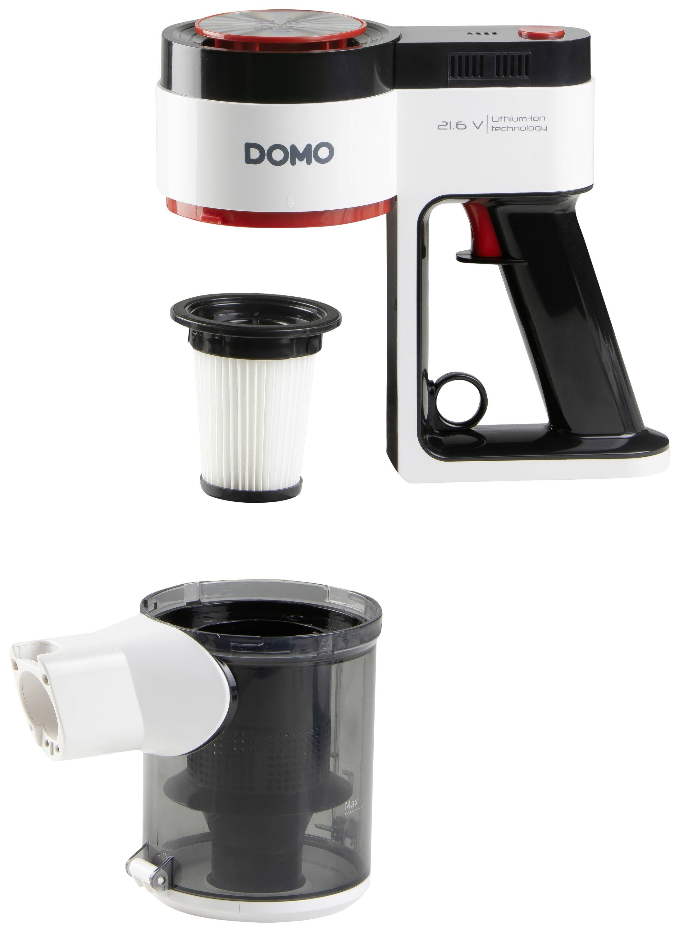 Handheld vacuum cleaner in black and white with accompanying accessories, including a filter and a collection container. The brand name 'DOMO' is visible.