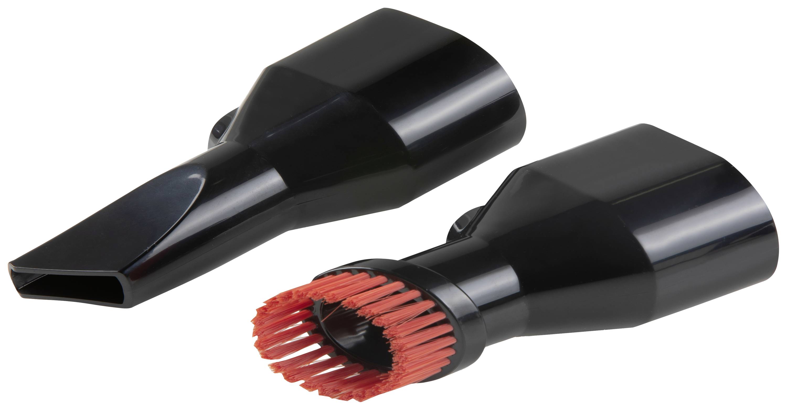 Two black vacuum cleaner attachments: one with a narrow nozzle, the other with red bristles for cleaning various surfaces.