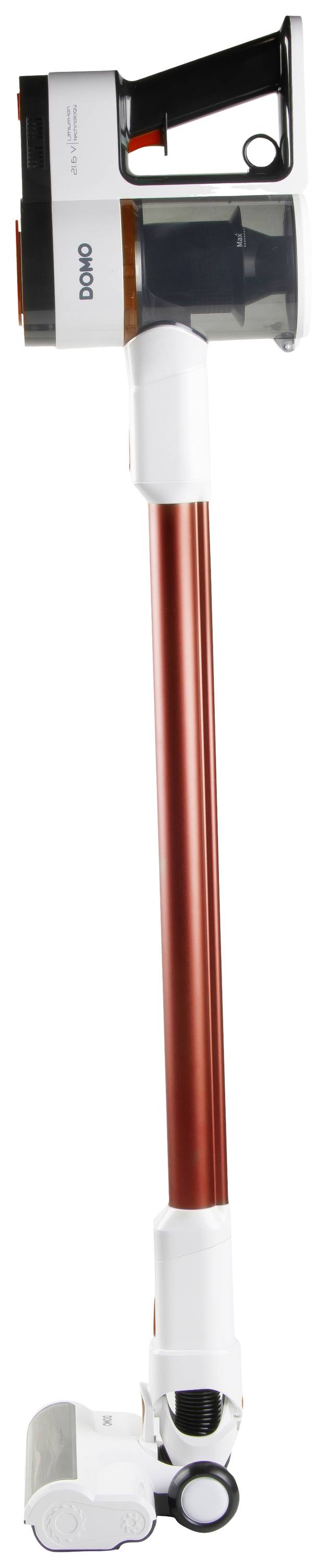 Cordless vacuum cleaner with a red wand and white handle. Compact design with a small motor located at the top.