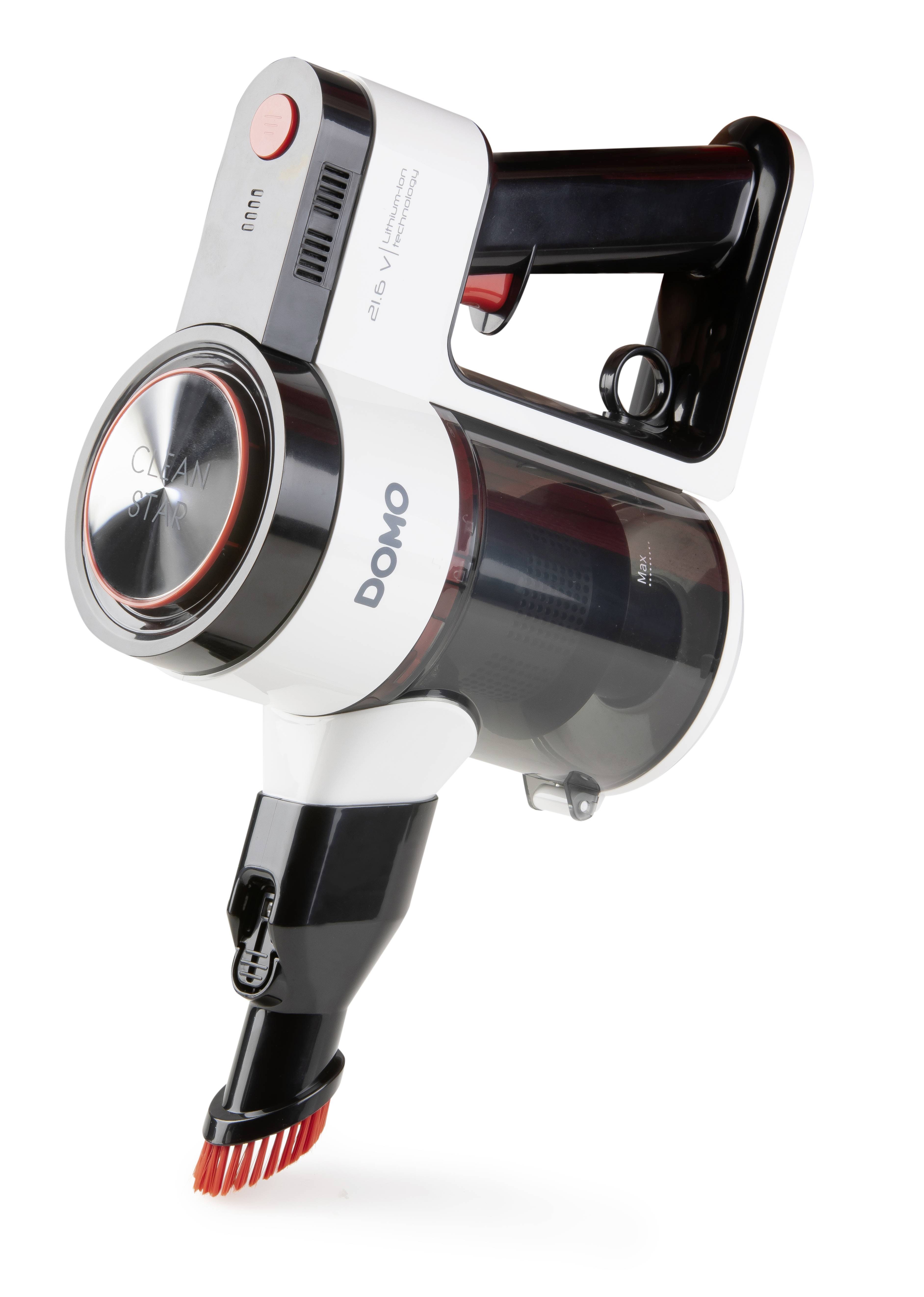 Cordless handheld vacuum cleaner with modern design, transparent dust container and detachable nozzle, 'DOMO' brand visible.