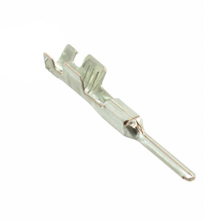 A metal contact pin with a rectangular base and a narrow pointed tip, used in electrical connectors for creating secure connections.
