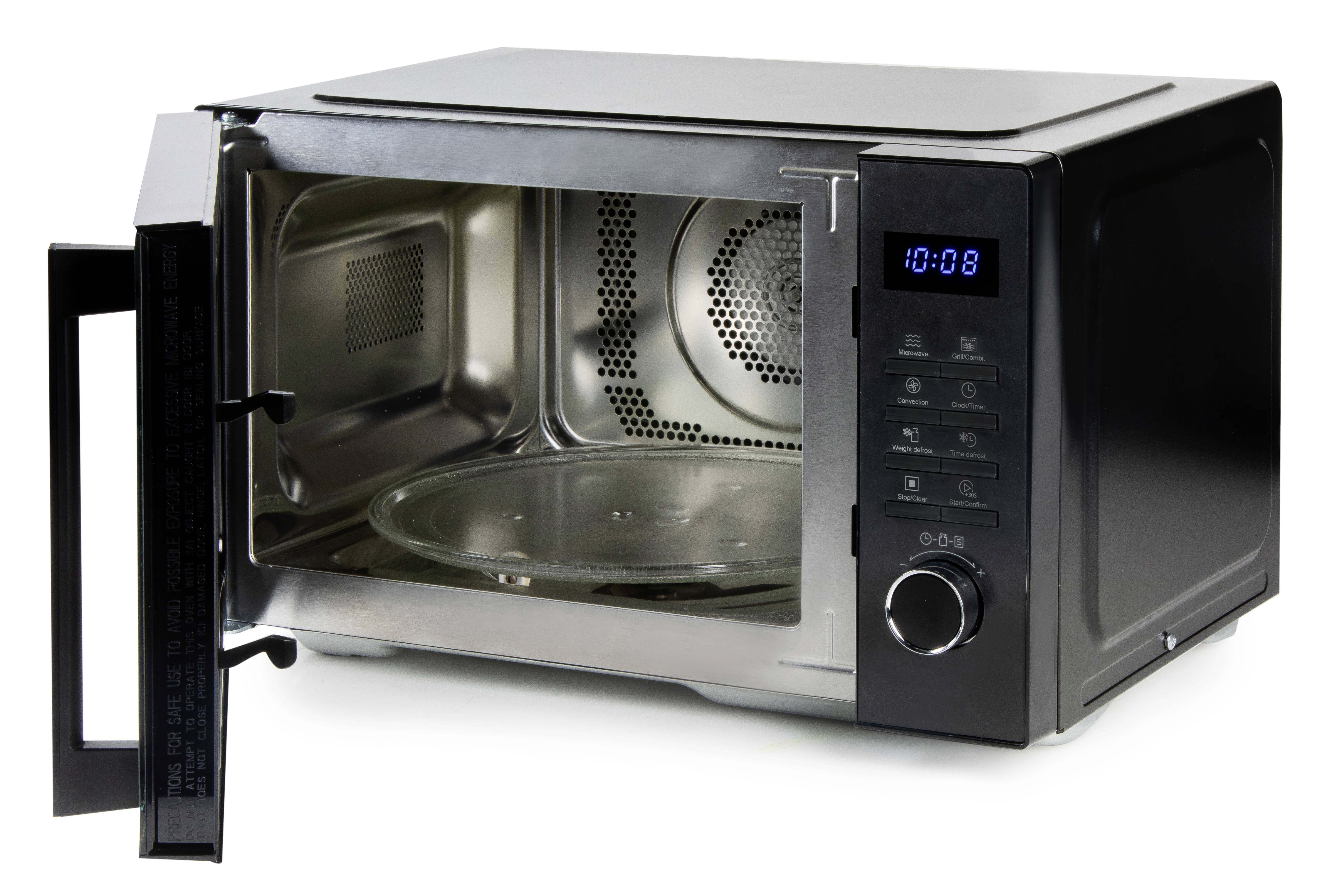 Microwave with an open door and digital display showing '10:08'. Silver interior with glass turntable visible.