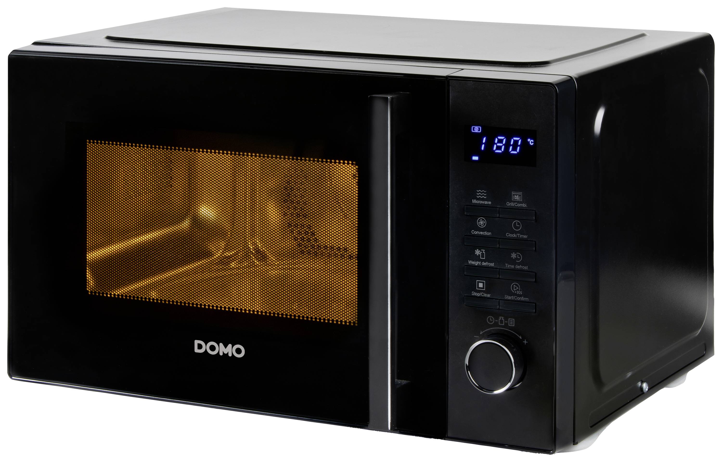 Microwave with digital display showing '180°C'. Black design, door with viewing window, control panel to the right of the display.