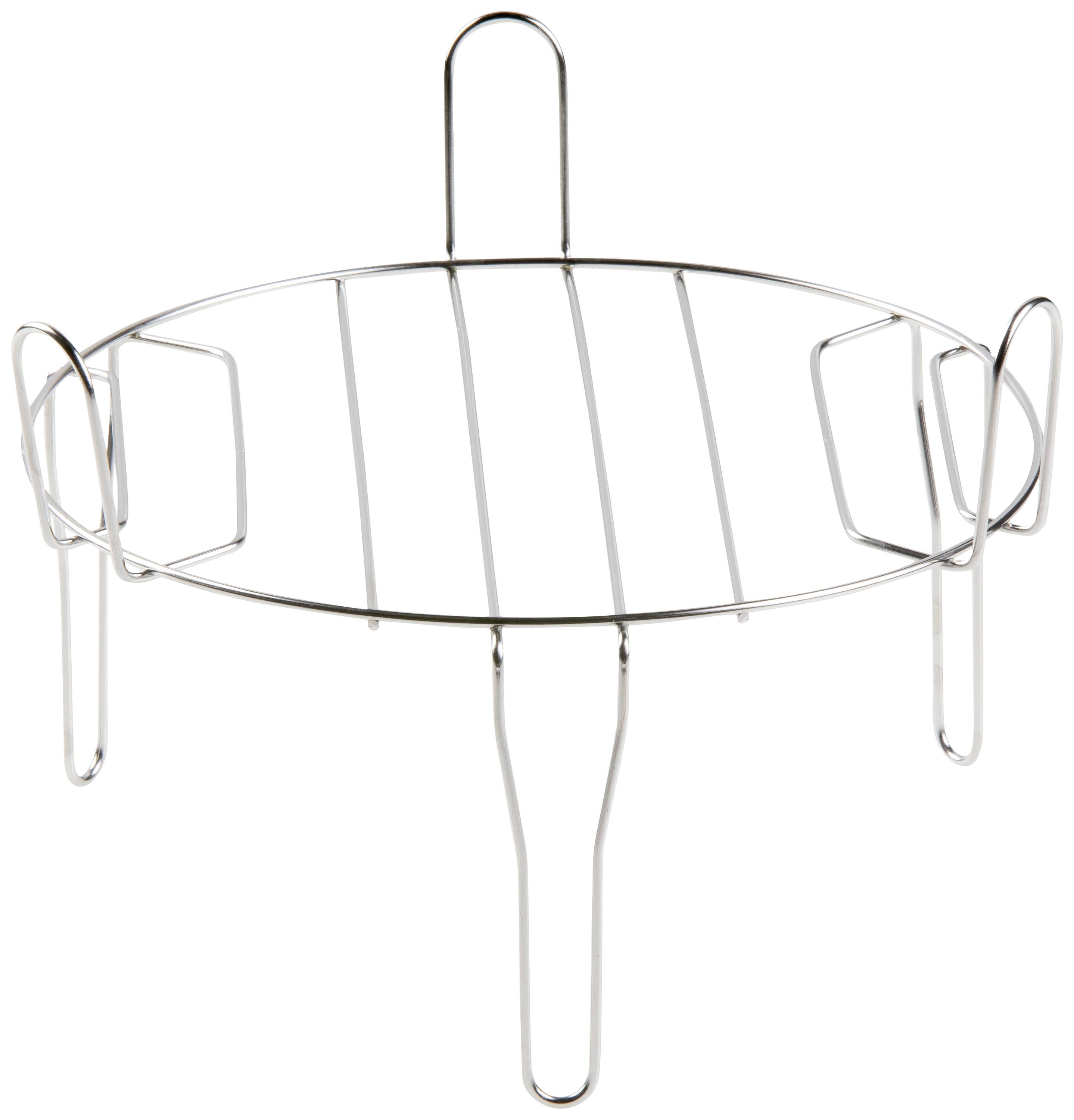 Round wire frame serving as a stand, with four elongated legs and upright handles; suitable for pots or steamers.