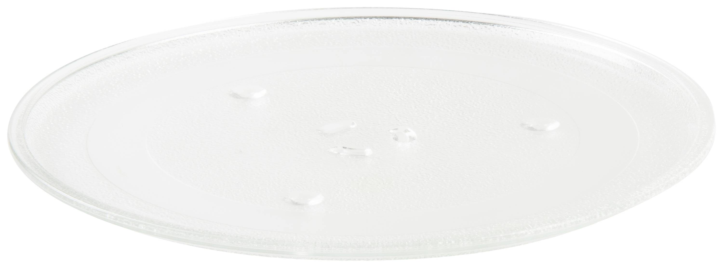 A flat, round, transparent glass turntable commonly used in microwave ovens.