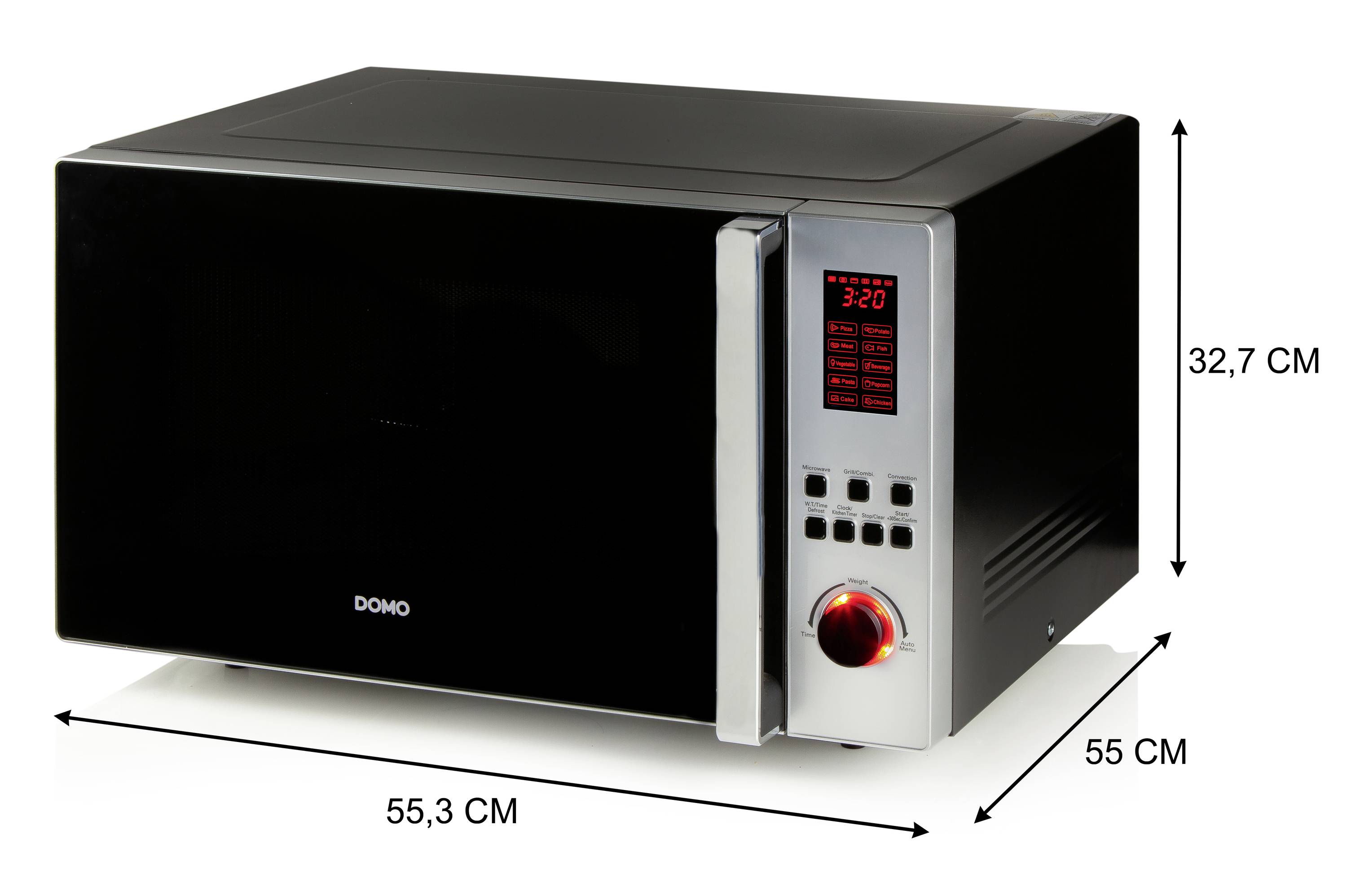 Black microwave with red control panel. Dimensions: 55.3 cm wide, 55 cm deep and 32.7 cm high. Brand 'DOMO'.