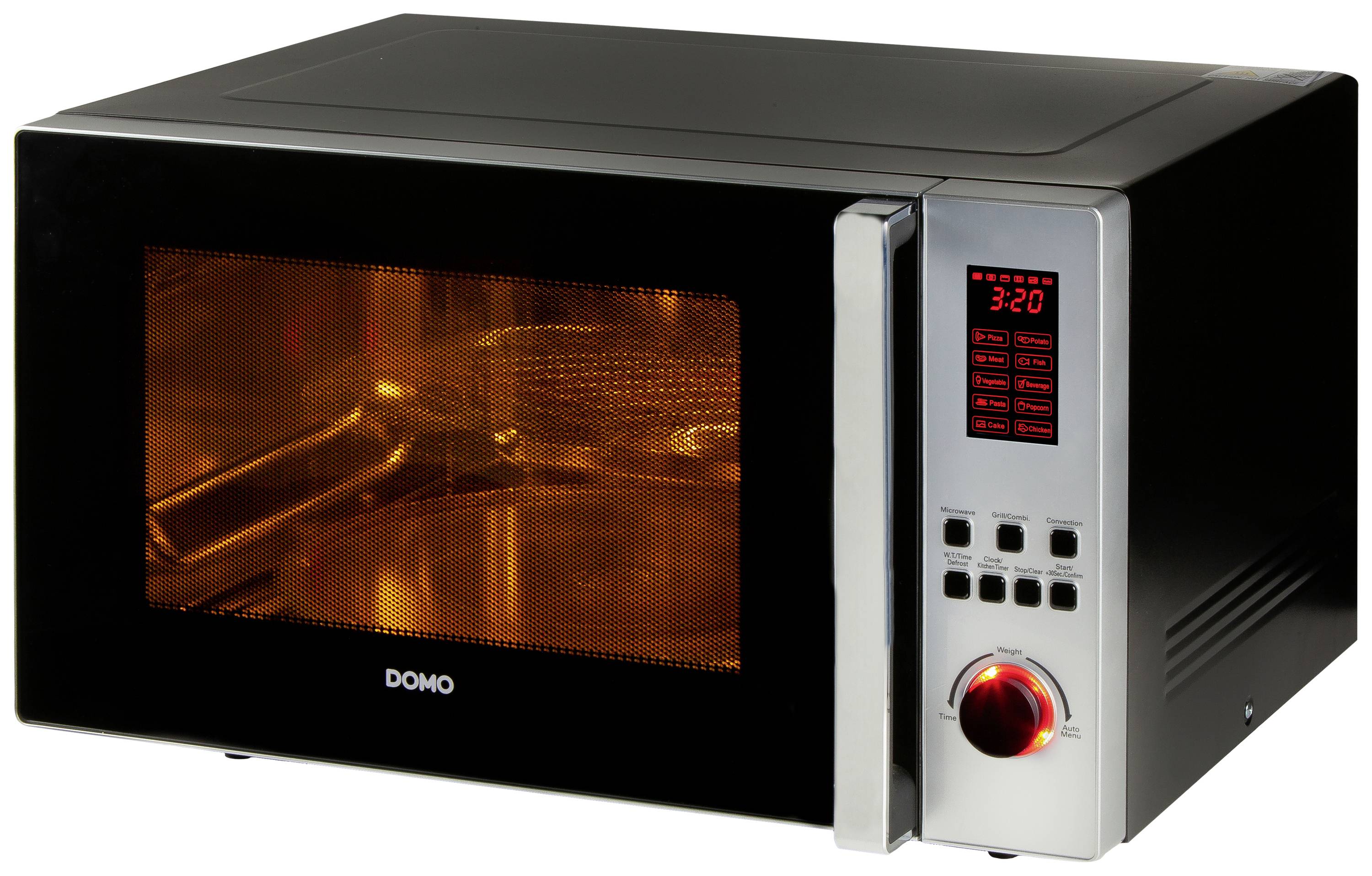 A black microwave with a digital display shows 3:20. A plate with food is visible through the viewing window.