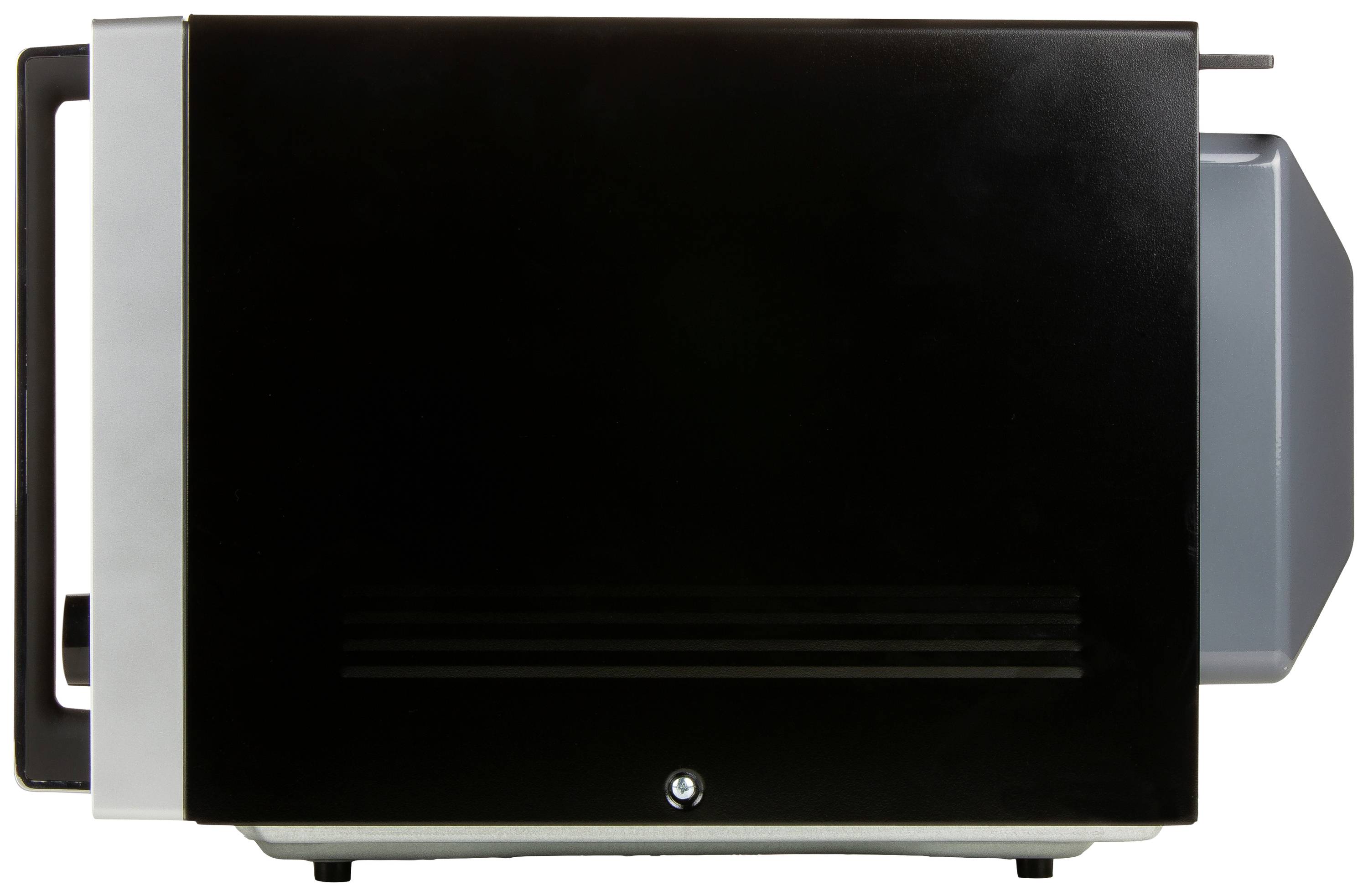 Black microwave viewed from the side, with a silver handle and grey back, standing on a white surface.