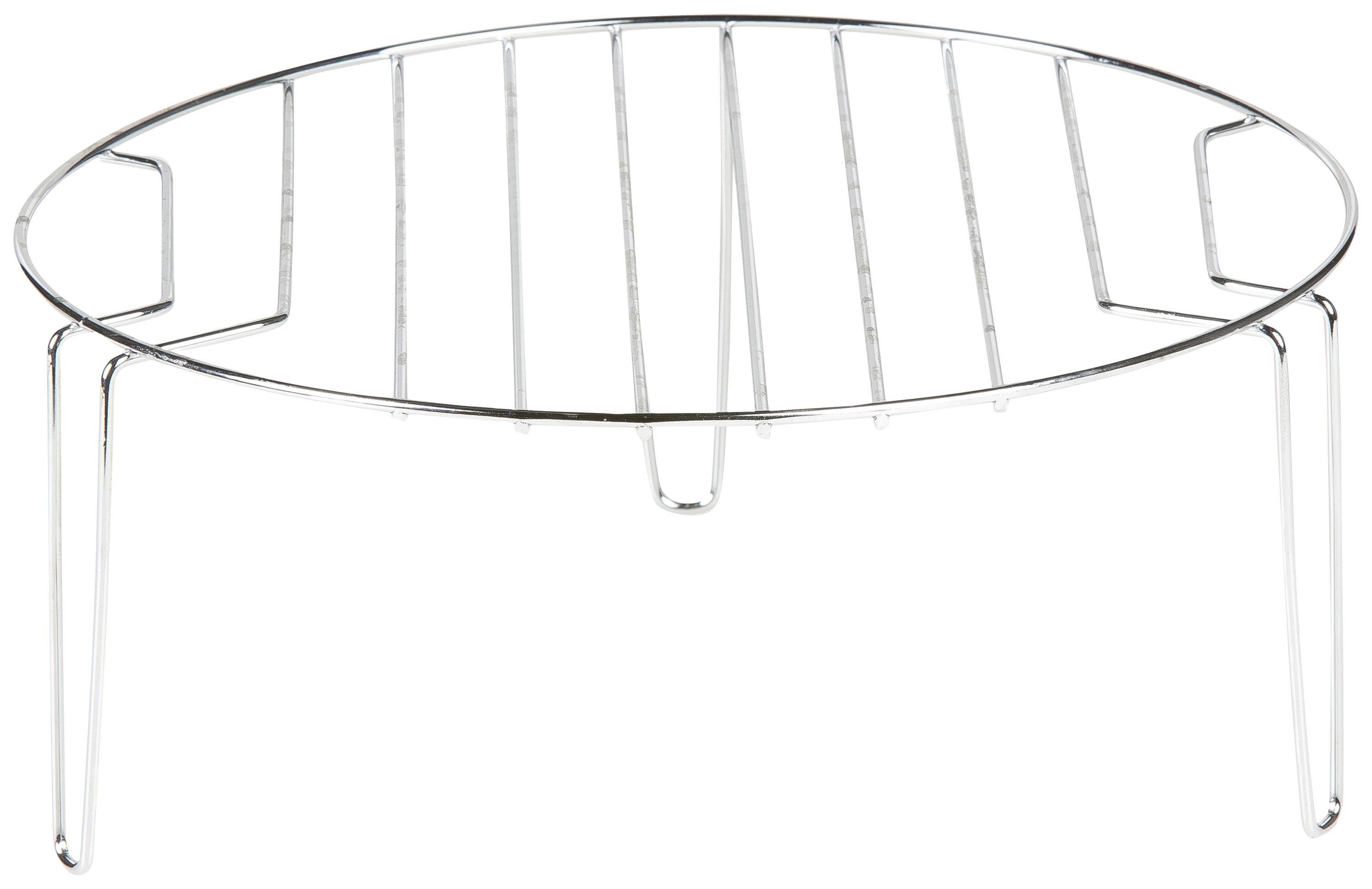 Metal grid stand with round legs, suitable as a grill or steaming rack.