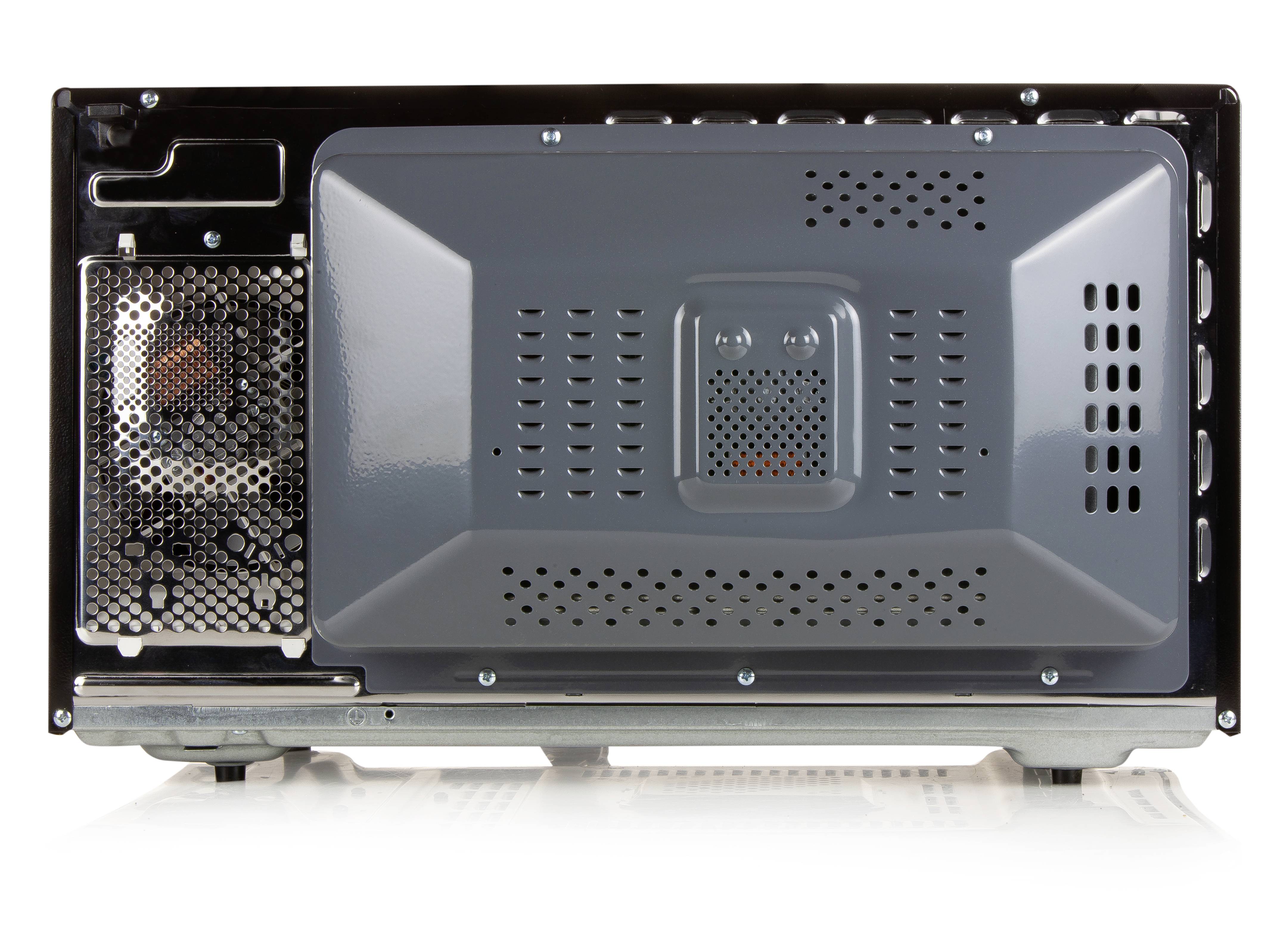 Rear view of a microwave oven showing ventilation slots and connection area.