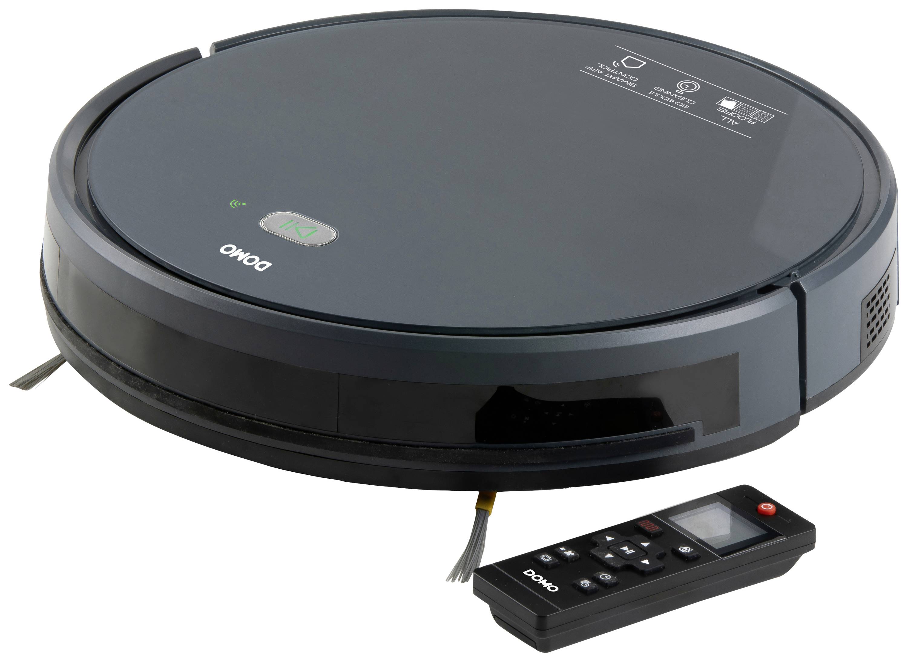 Black round robot vacuum cleaner with side brush and charging indicator, next to a black remote control. Device from the brand 'Okyo'.