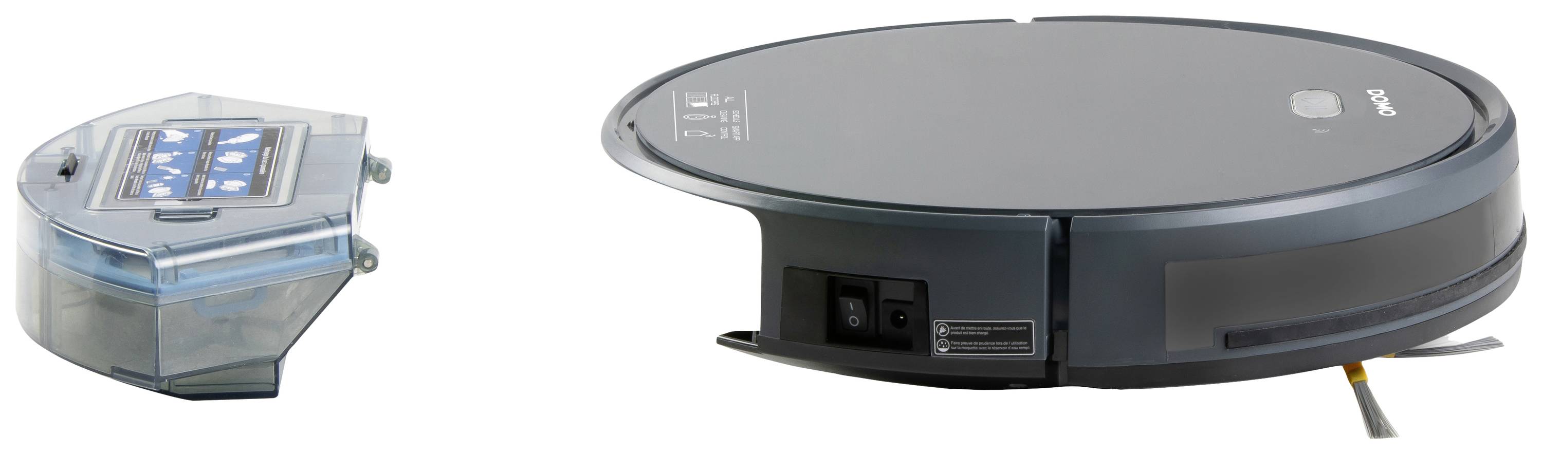A round, flat robotic vacuum cleaner with a removable dust container. The robot is black and shows front view and container perspectives.