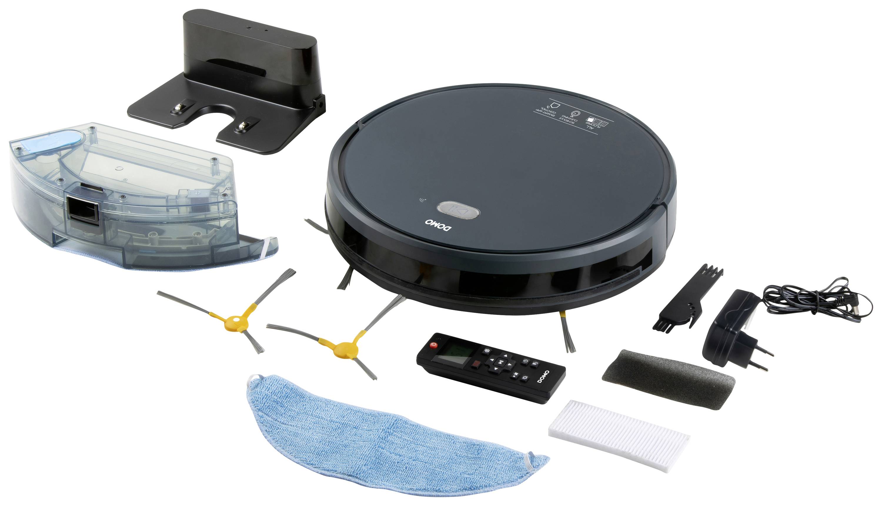 A round, black robotic vacuum cleaner with accessories: charging station, dust container, brushes, remote control, power adapter, and mopping attachment.