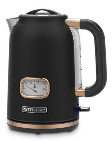 Black electric kettle with copper-coloured details, temperature display at the front and side water level indicator. 'Muse' brand logo at the bottom.
