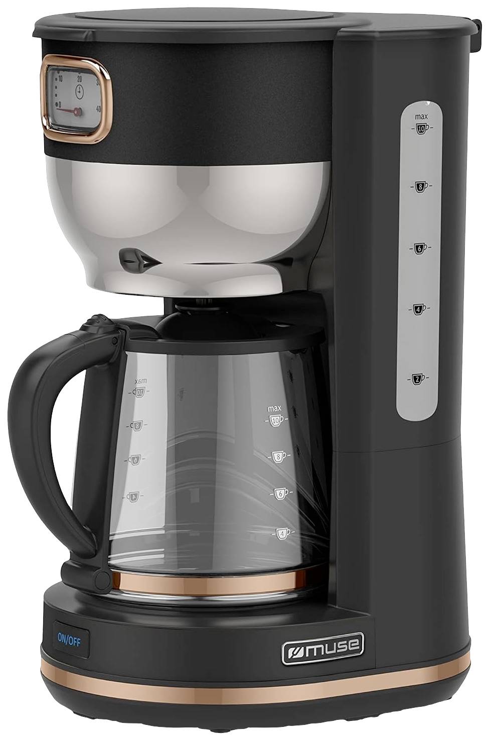 Coffee machine with glass carafe, black casing and silver accents; water level indicator on the side; control buttons.