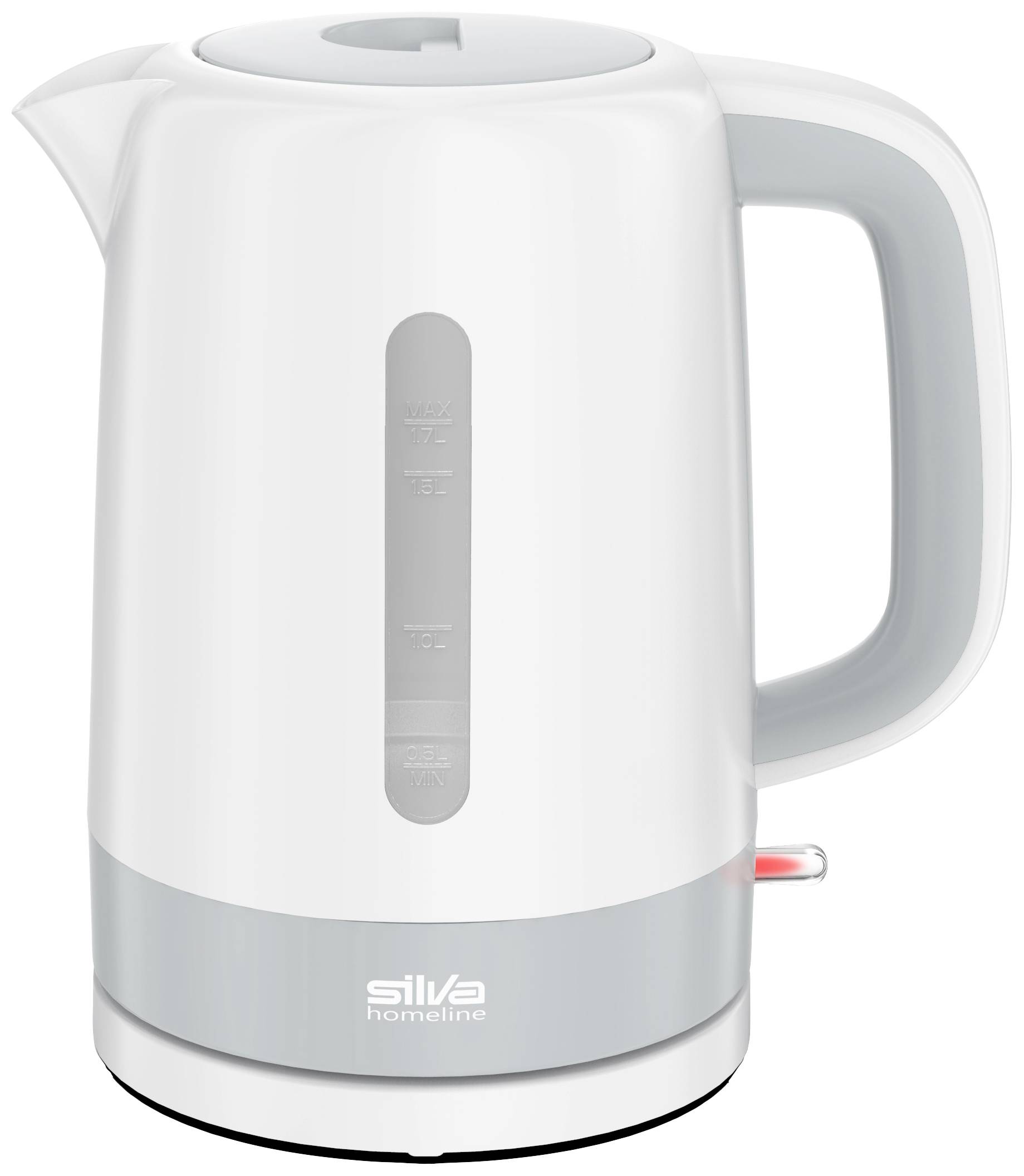 A white electric kettle with a blue handle and transparent water level indicator, perfect for quickly heating water.