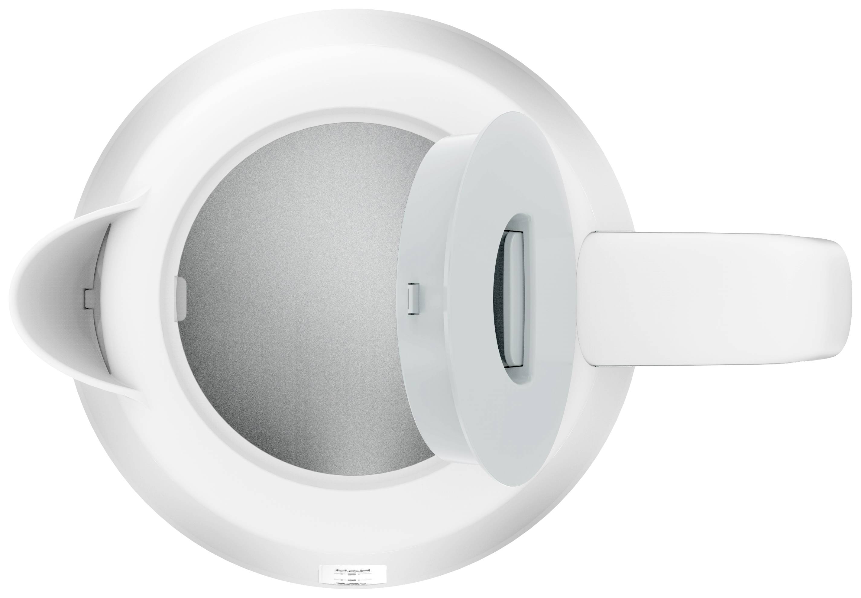 An open white washing machine drum, viewed from above, with the door slightly ajar, revealing the interior of the drum.