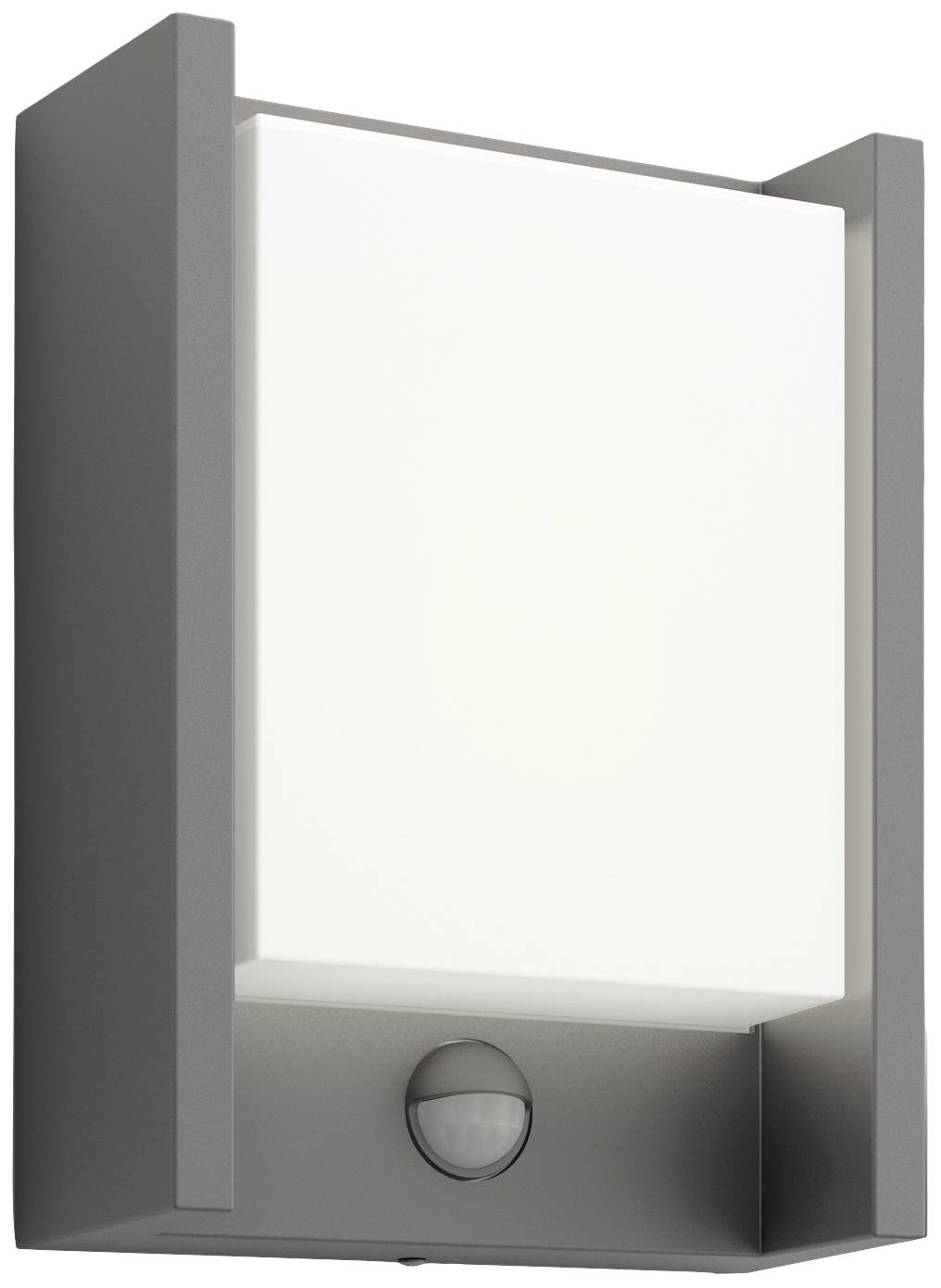 Outdoor wall light with a rectangular, contemporary design, silver housing, and integrated motion sensor.