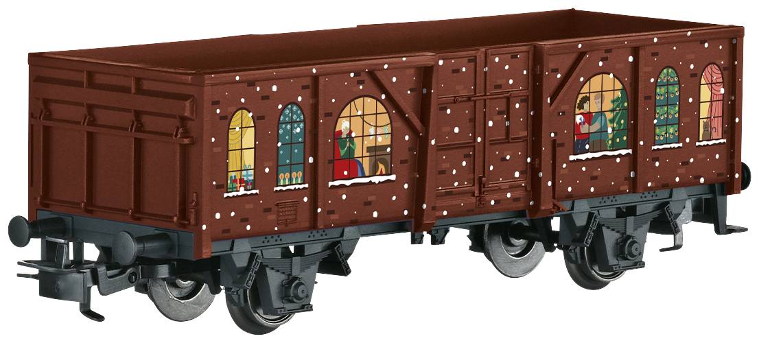 Brown model wagon with a snow pattern and painted windows depicting Christmas scenes.