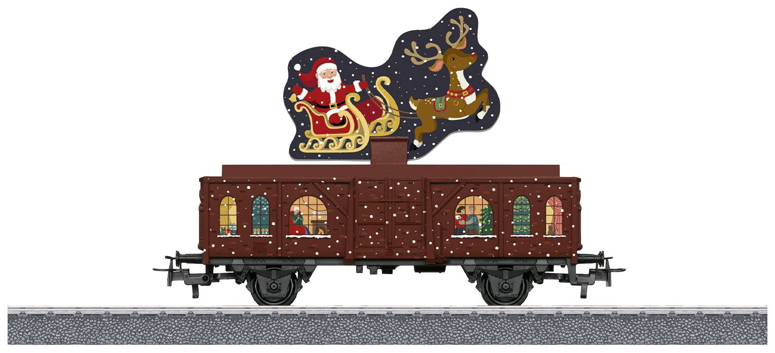 A brown train carriage with painted Christmas motifs: Father Christmas in a sleigh with a reindeer, surrounded by falling snow.