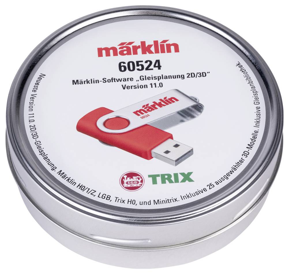 Round metal tin with printed text 'märklin 60524', contains software for track planning in 2D/3D and a USB stick with the Märklin logo.