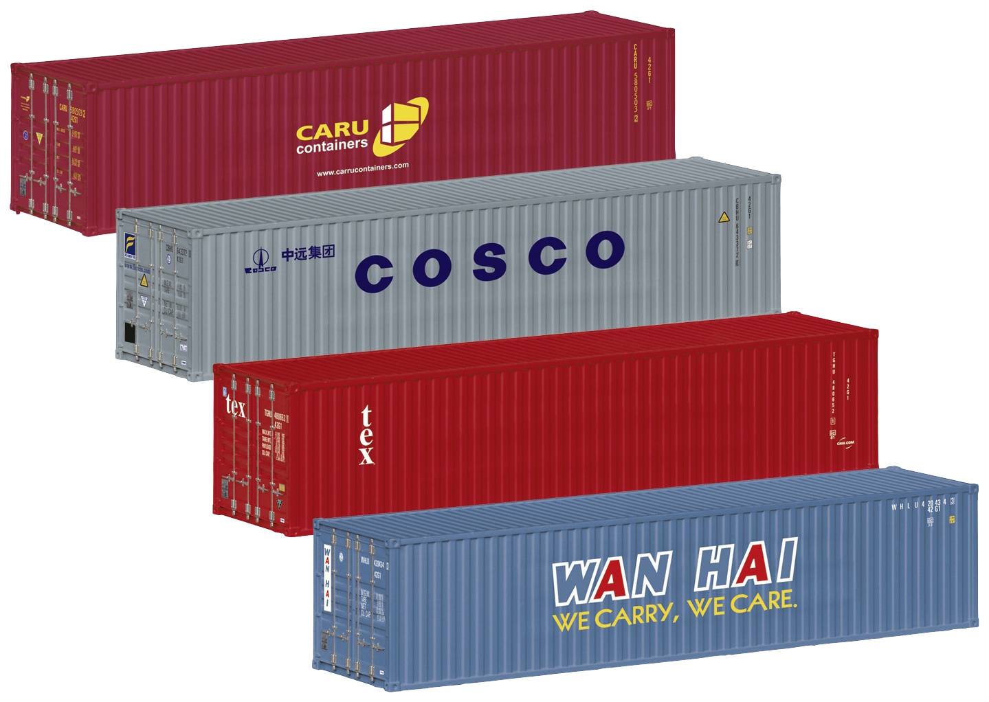 Four coloured freight containers with labels 'CARU', 'COSCO', 'TEX', and 'WAN HAI'. The containers are stacked and display various shipping lines.