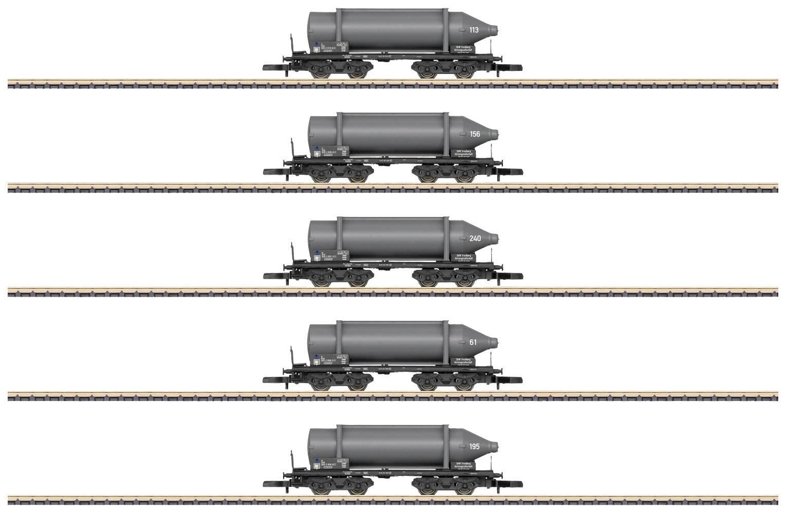 Five identical railway freight wagons in a row on tracks, all fitted with grey containers for liquid transportation.