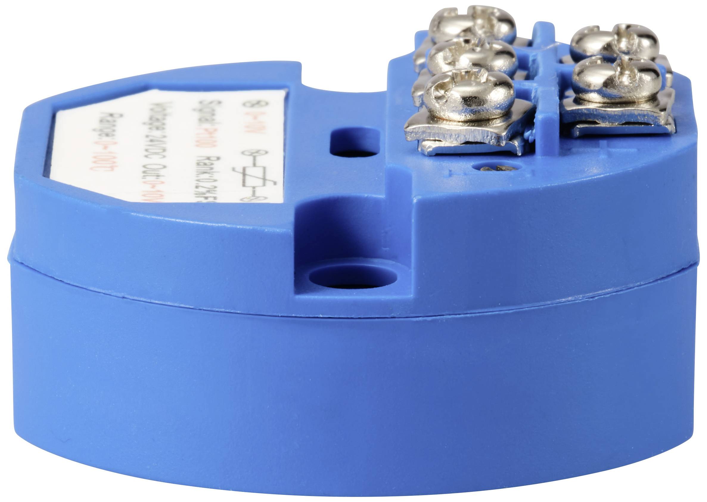 A blue electric temperature transmitter with screw connections and labelling for installation in industrial applications.