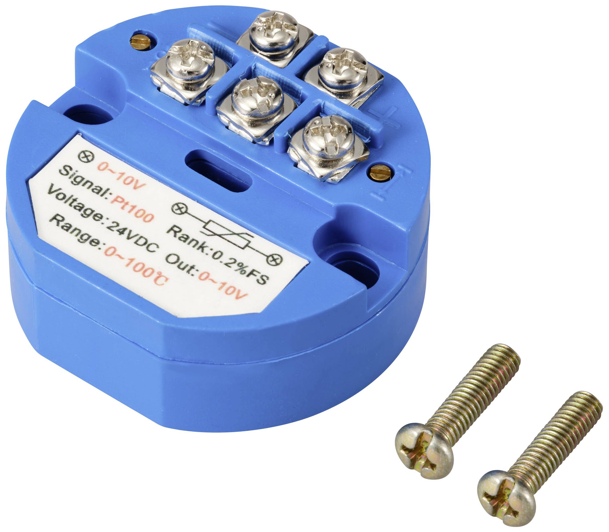 Blue temperature sensor transmitter with screw contacts and two separate screws, for electrical connection in control systems.