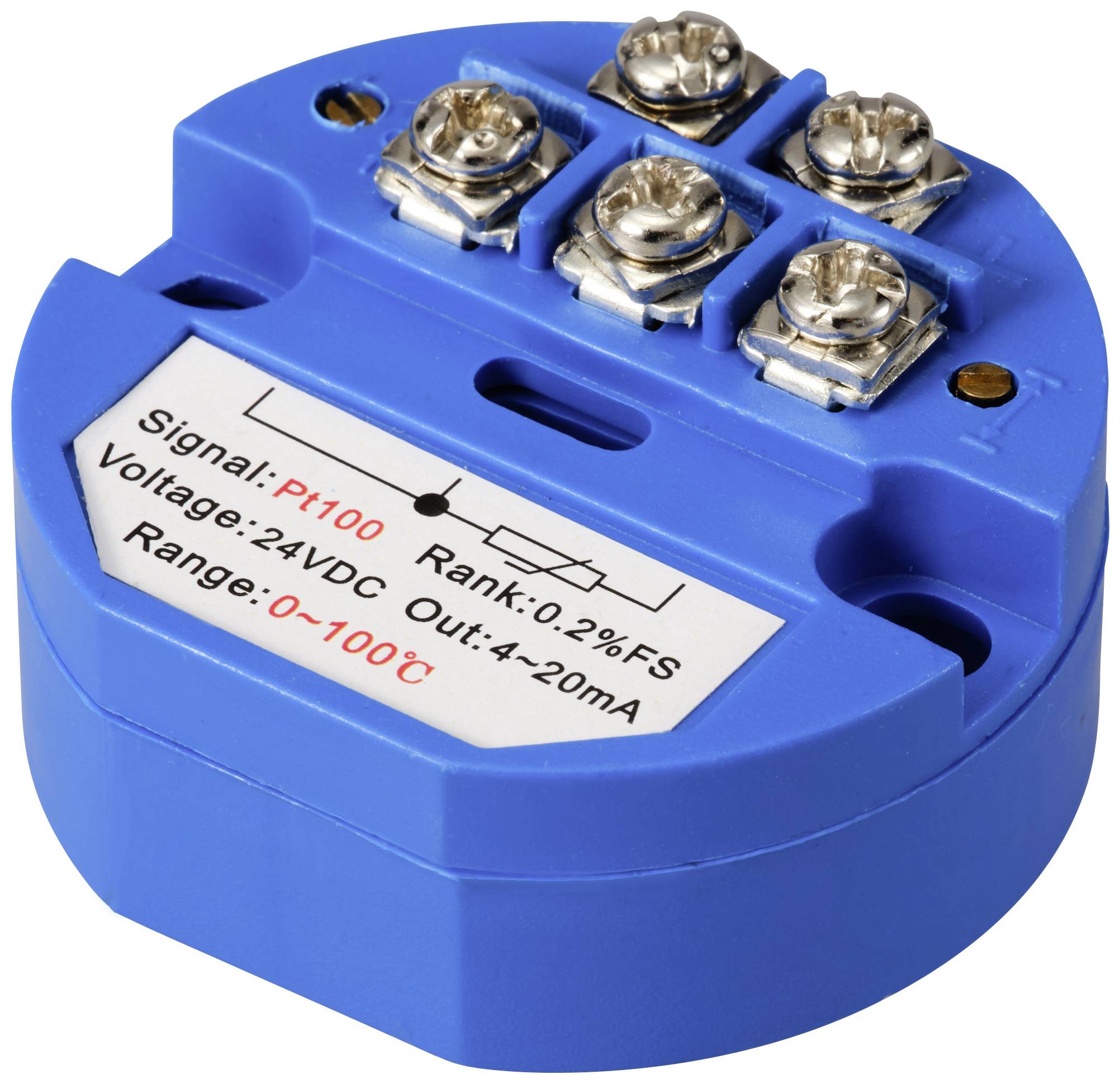 Blue temperature transmitter with screw terminals at the top, showing specifications: Signal 'Pt100', voltage range 24V DC, output 4-20mA, temperature range 0-100°C.