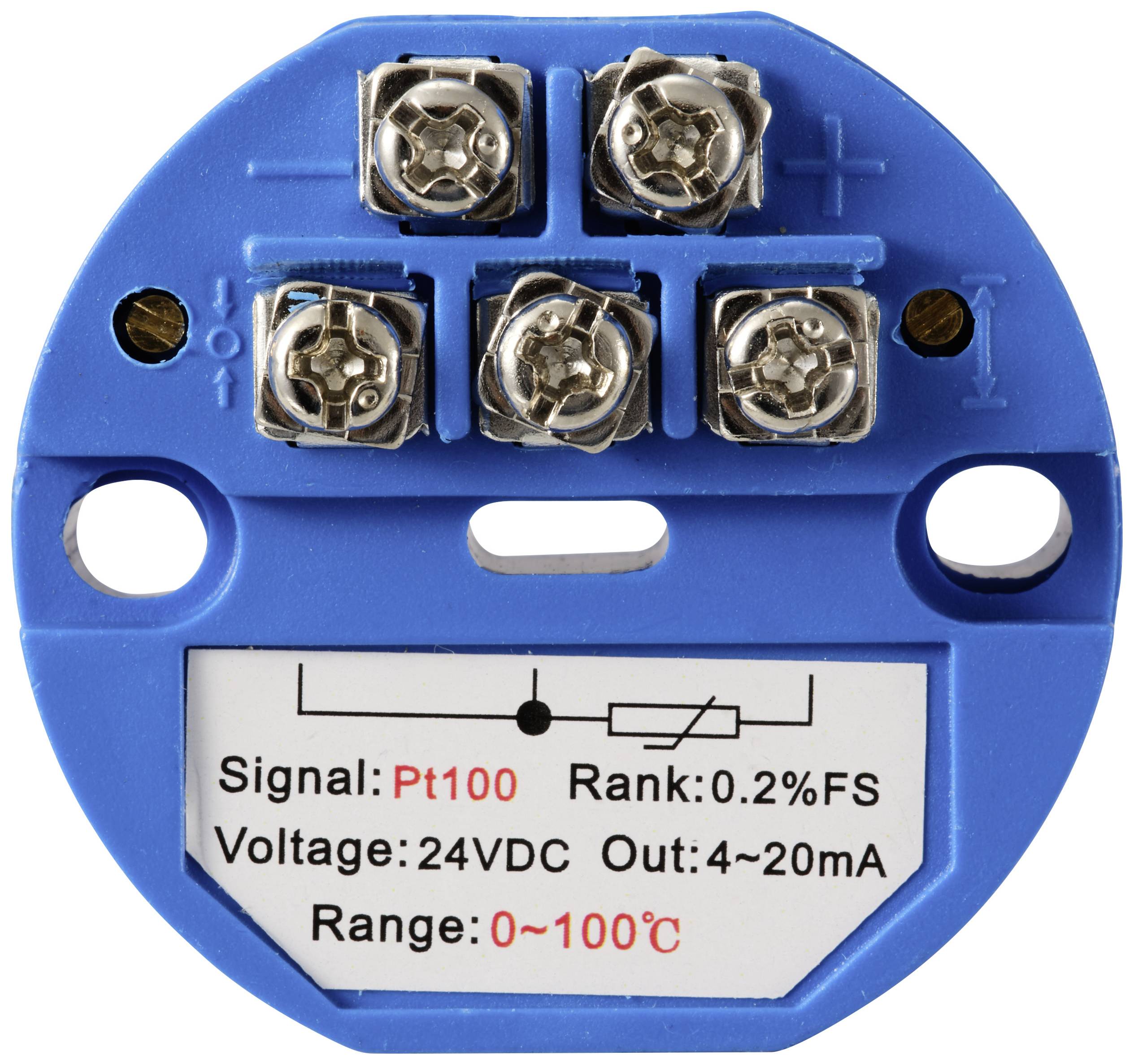 Round electrical sensor with blue base, showing measurement values: 'Signal: Pt100', 'Voltage: 24VDC', 'Range: 0~100°C'.
