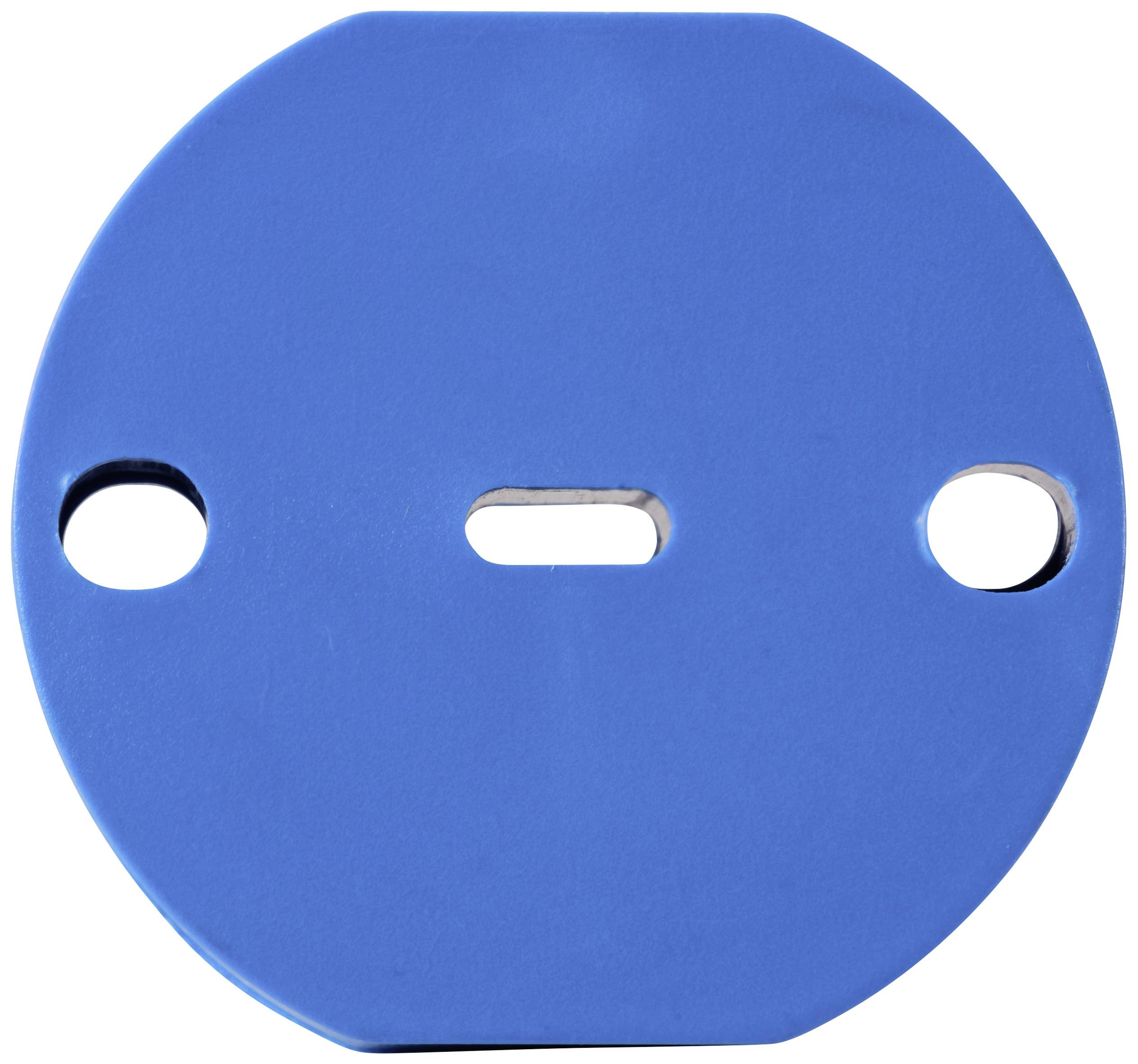 A round blue metal plate with three holes: two on the sides and one in the centre.