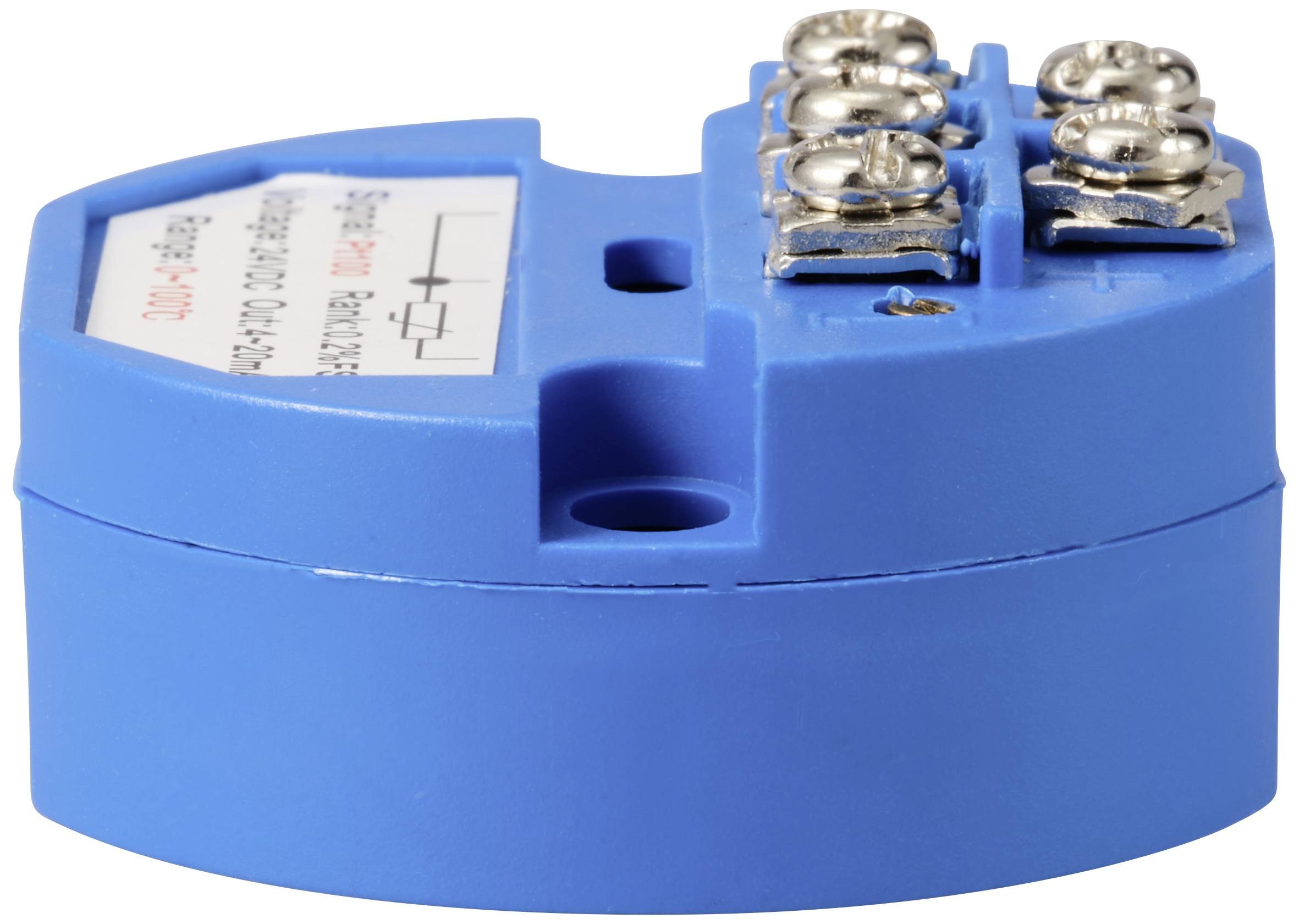 A blue electrical temperature transmitter with terminal connections, used for converting sensor signals into standardised output signals.