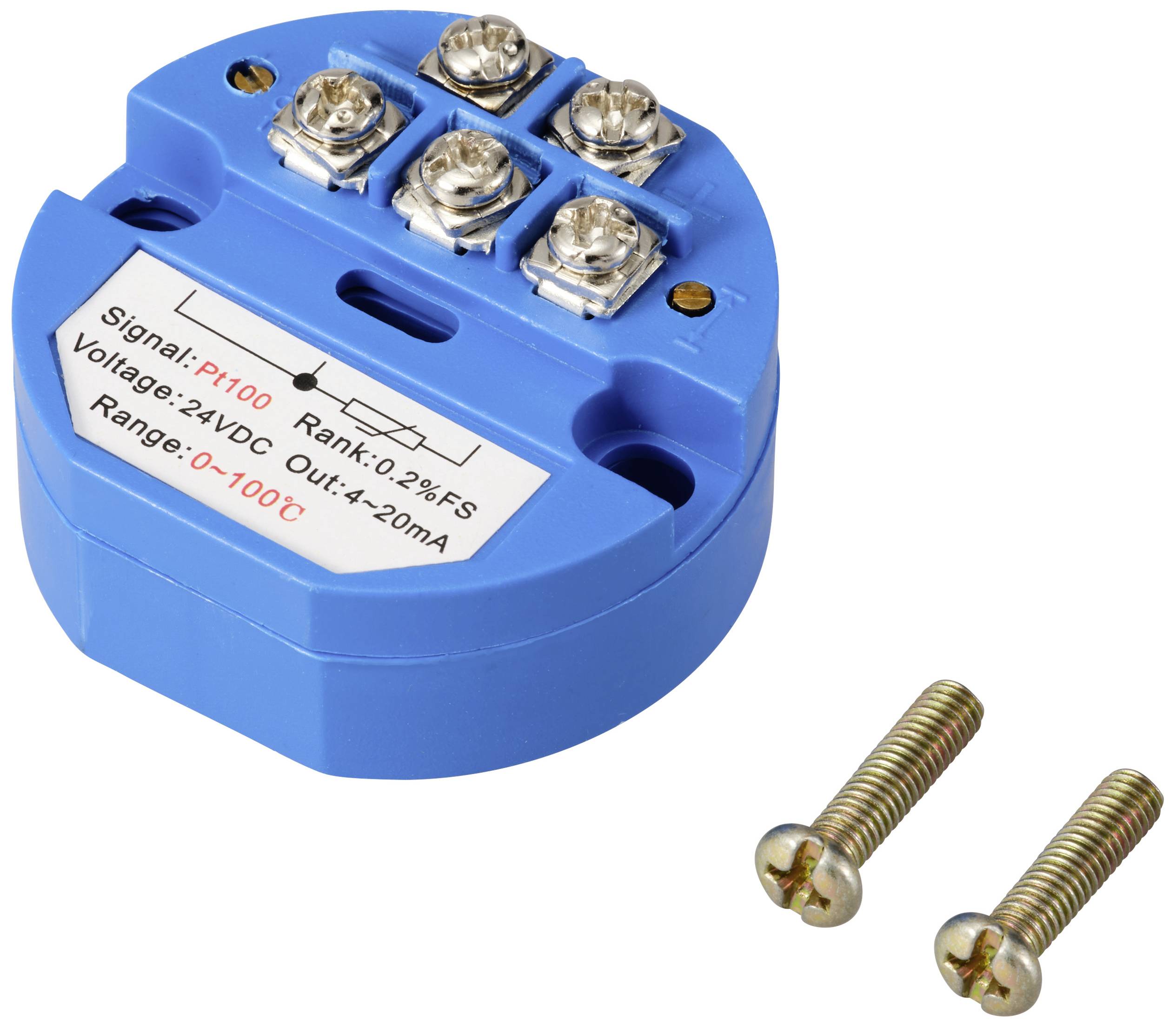 Blue round sender for temperature sensor with four contacts and two included screws. Suitable for 0-100°C, 4-20mA output.Blue round transmitter for temperature sensor with four contacts and two supplied screws. Suitable for 0-100°C, 4-20mA output.