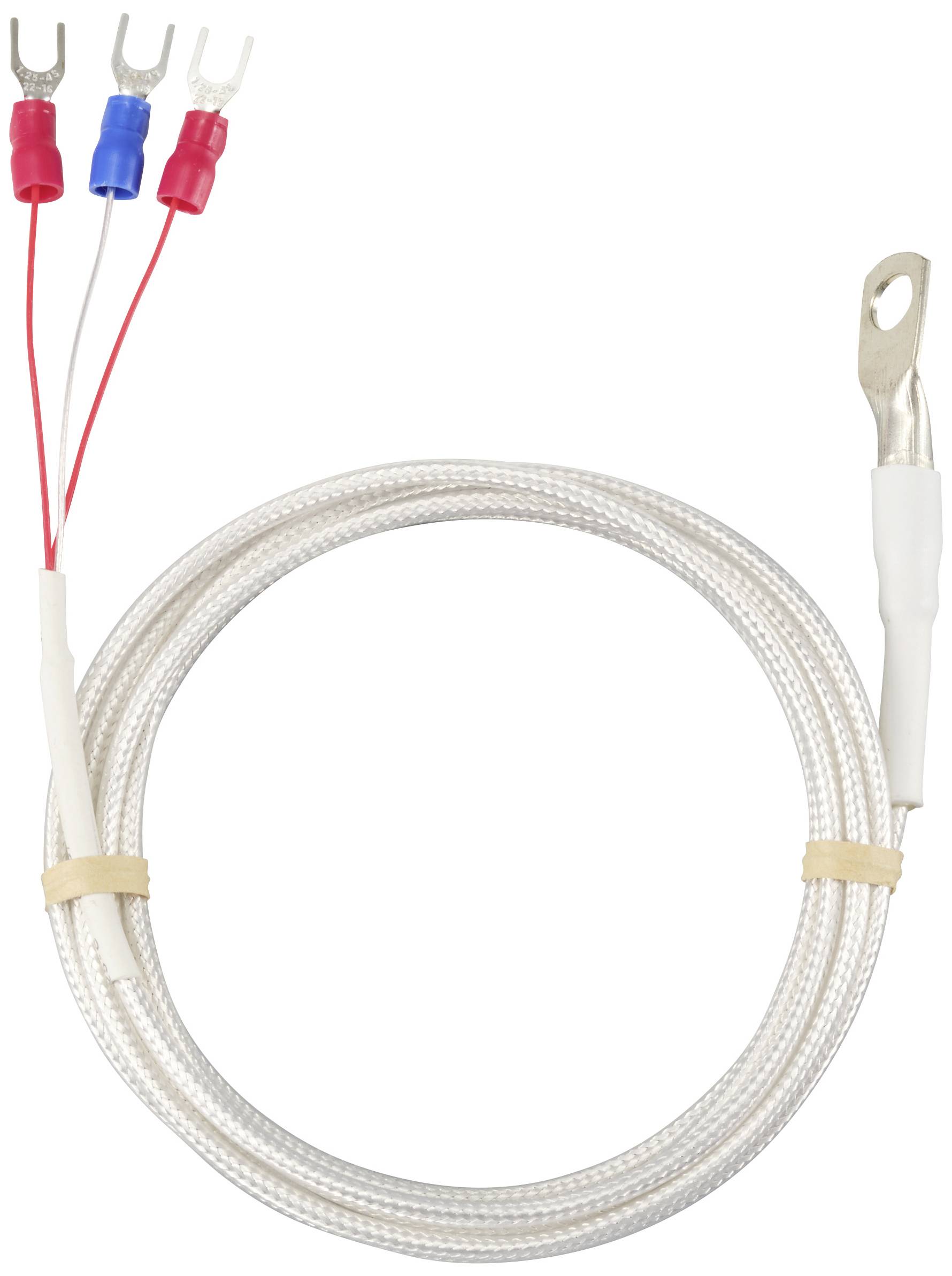 A white, braided cable with a metal connector at one end and three coloured cables (red, blue, red) with fork connectors.