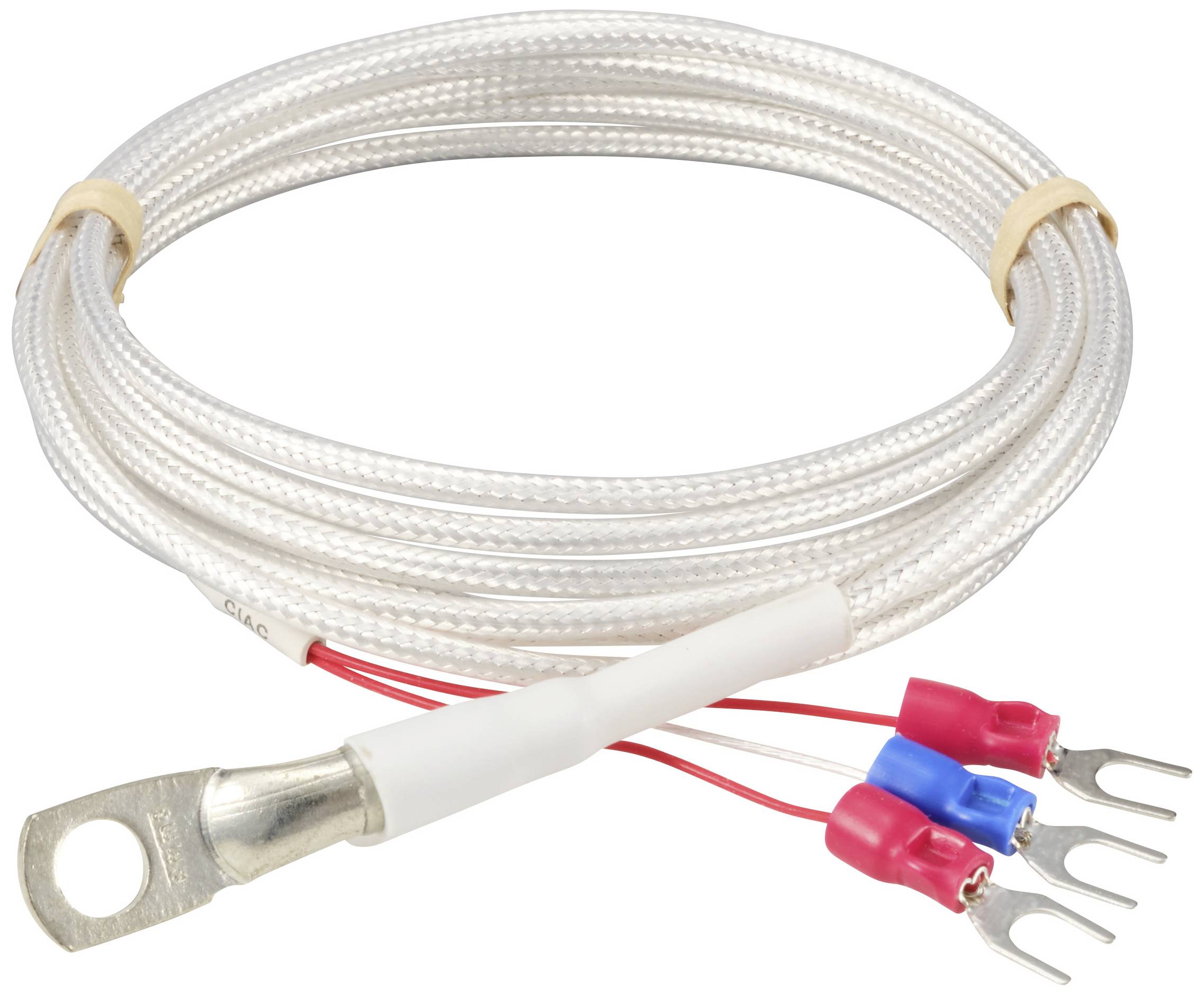 A silver cable with three coloured terminal connectors (two red, one blue) at one end and a lug terminal at the other end.