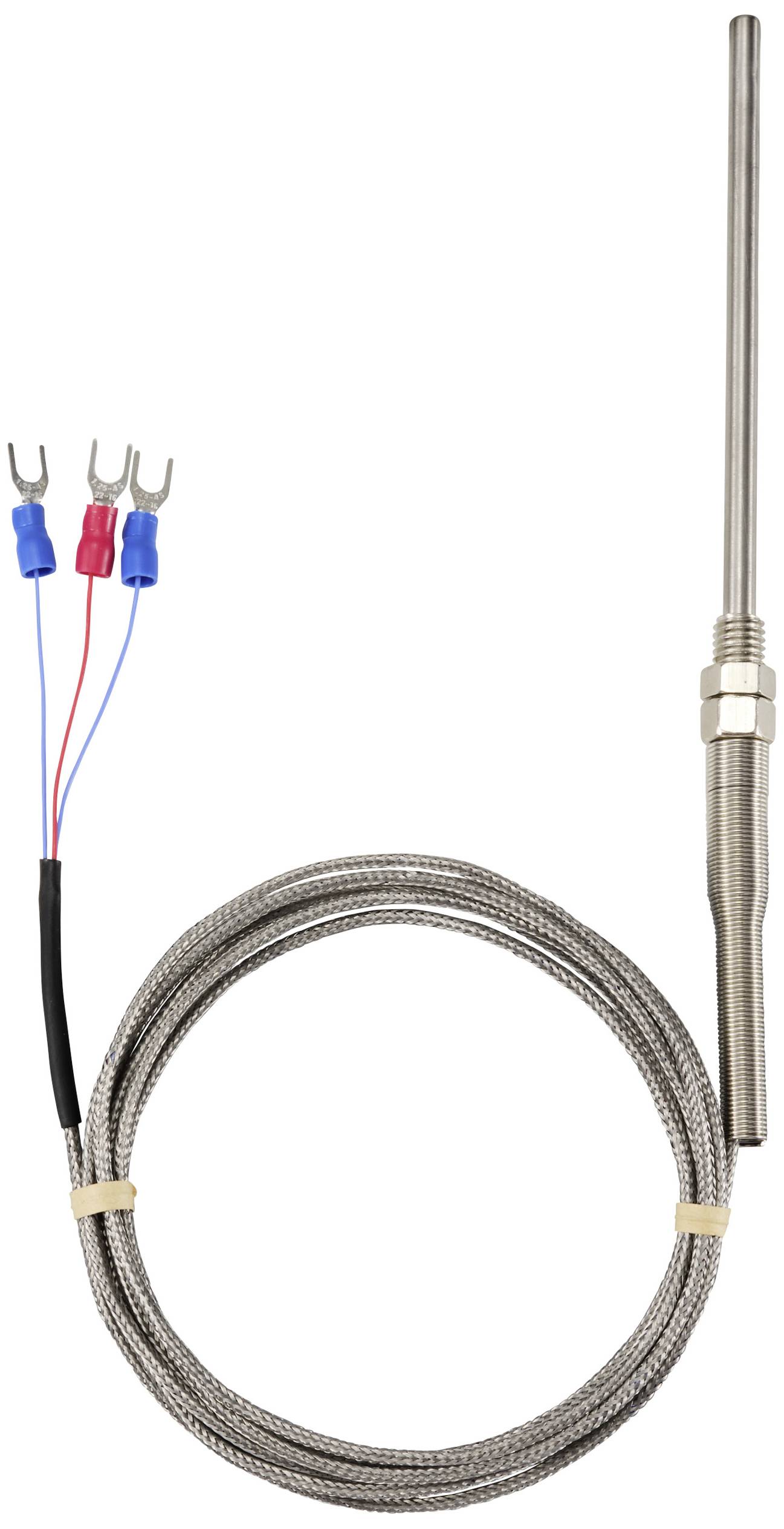 Temperature sensor with a metal casing and three coloured cables, red, blue, and black, which terminate in connectors.