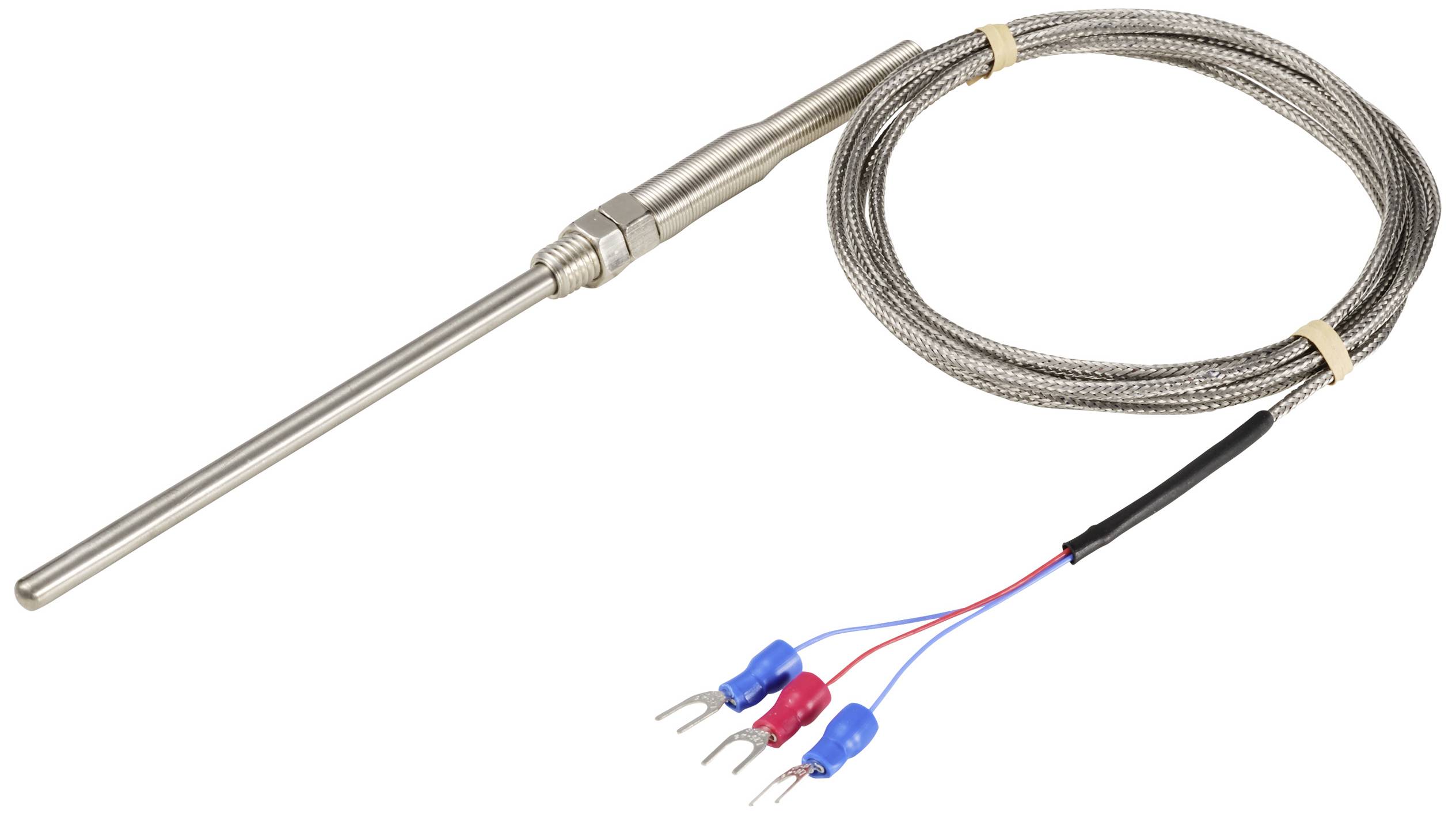 Temperature sensor with metal probe and three cables connected to blue and red connectors, encased in a braided metal sheath.