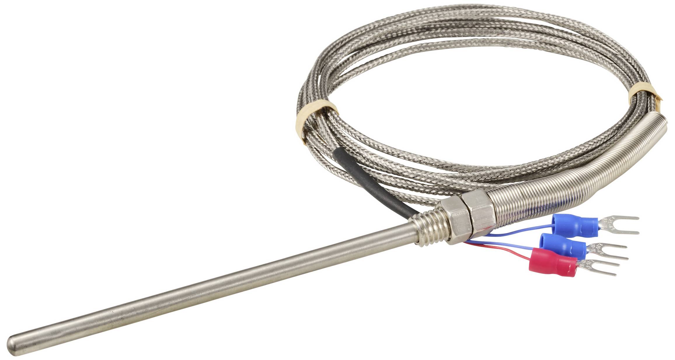 A thermocouple with a metal probe and braided cable, fitted with blue, red, and black connection plugs. Ideal for temperature measurements.