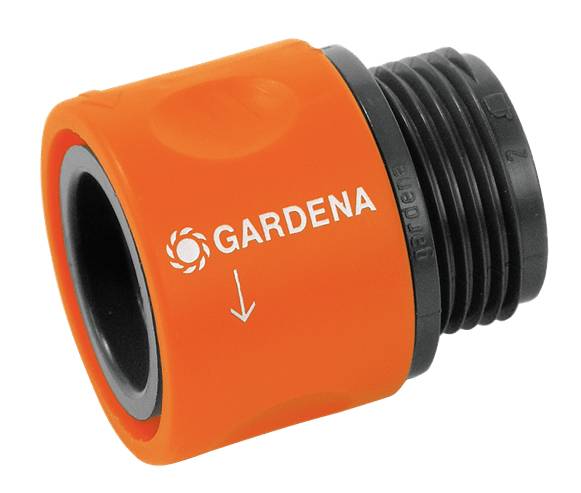 Orange Hose Connector from Gardena with a black connection. An arrow indicates the direction of water flow.