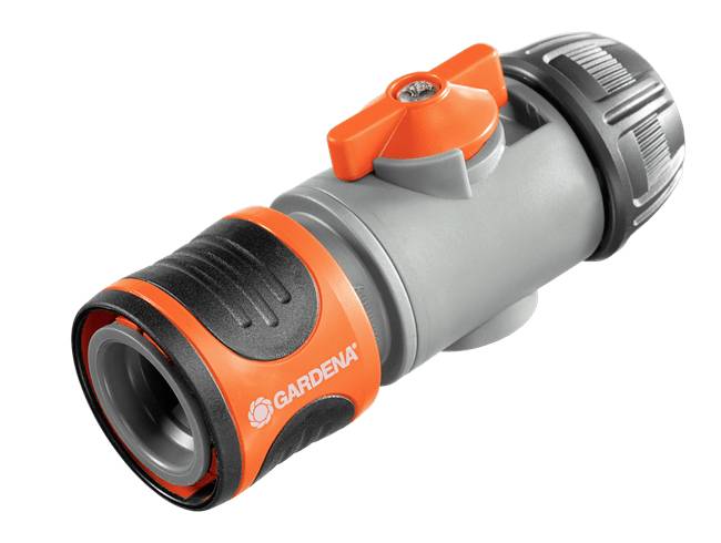 A grey and orange Gardena garden hose connector, with a valve on top for easy water control.