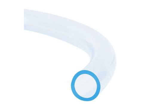 A transparent, curved pipe with a blue-emphasised opening is depicted.