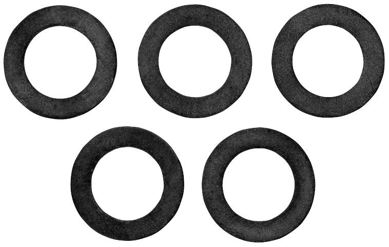Five black washers, arranged evenly side by side.