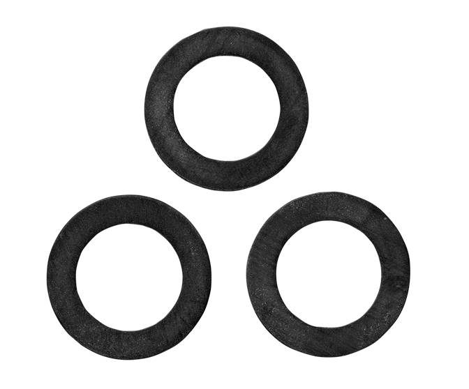 Three black, round rubber sealing rings, placed side by side on a white background.