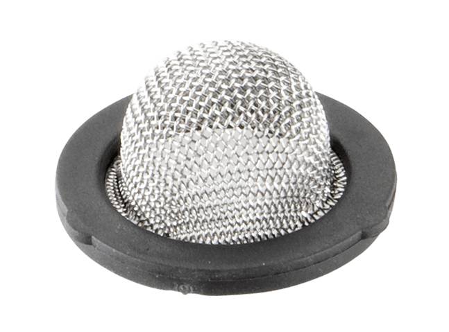 Dome-shaped metal sieve with a black rim, likely part of a filtration system.